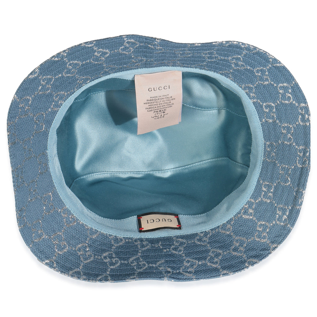 Gucci Light Blue Silver Canvas Lame GG Monogram Bucket Hat XL