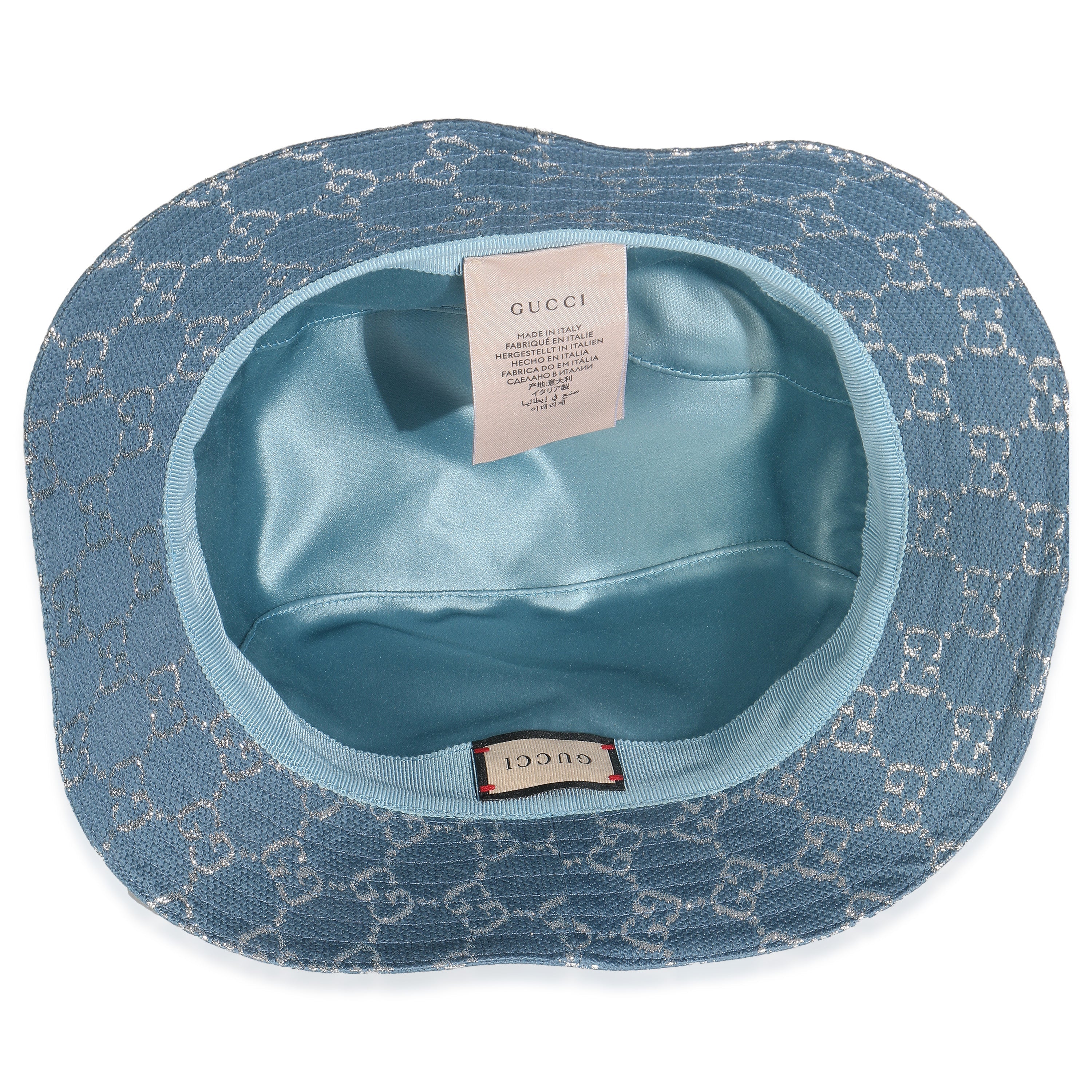 Gucci Light Blue Silver Canvas Lame GG Monogram Bucket Hat XL