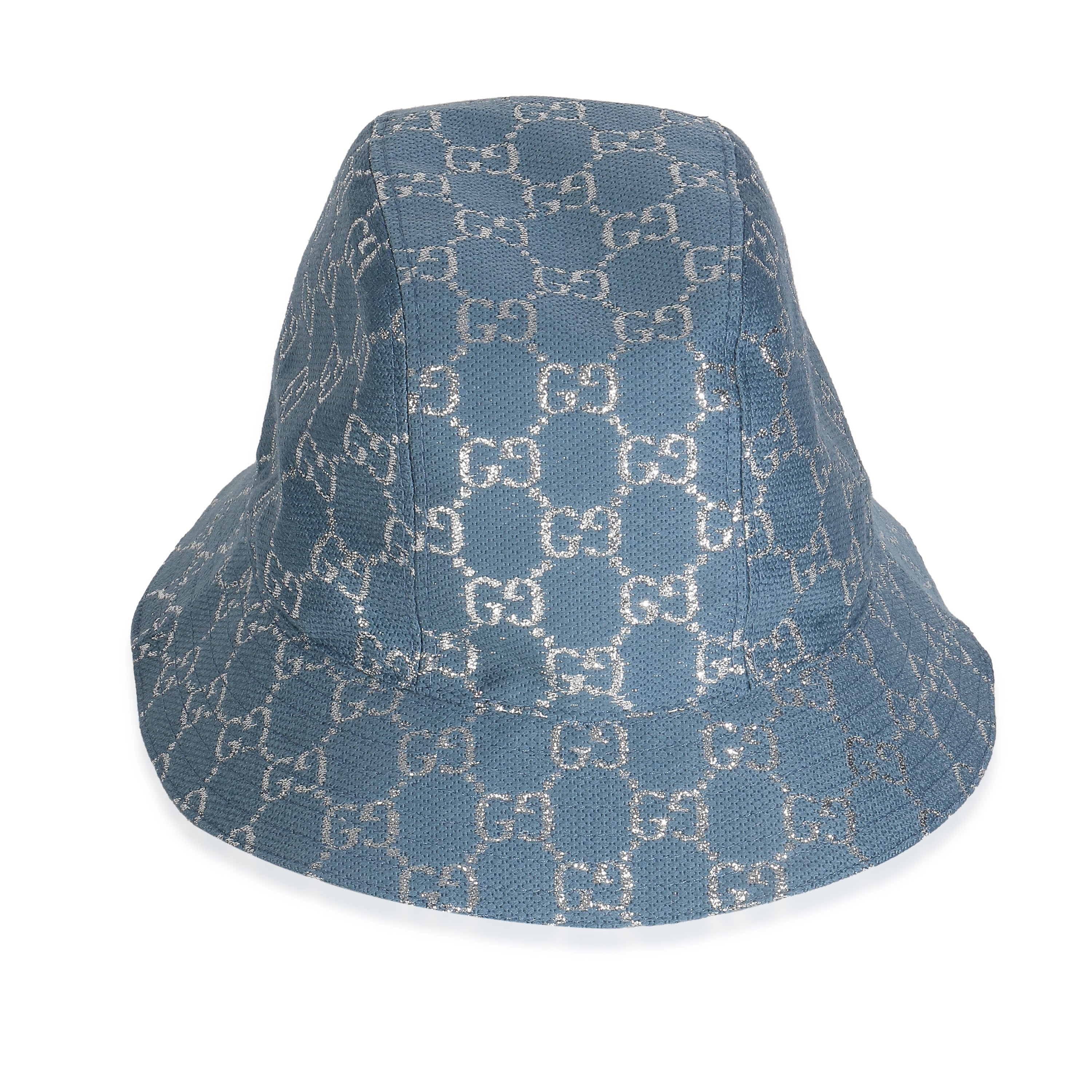 Gucci Light Blue Silver Canvas Lame GG Monogram Bucket Hat XL