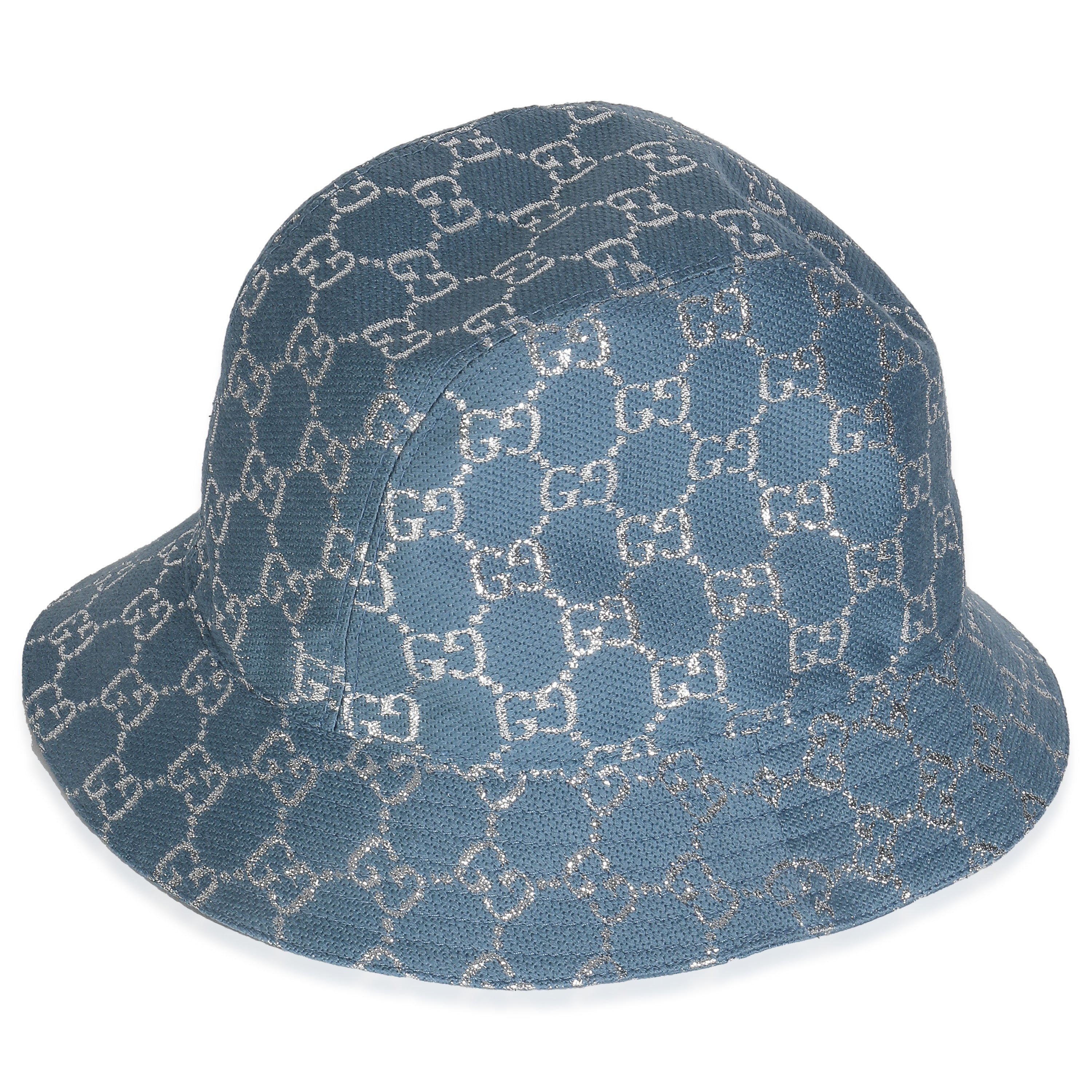 Gucci Light Blue Silver Canvas Lame GG Monogram Bucket Hat XL
