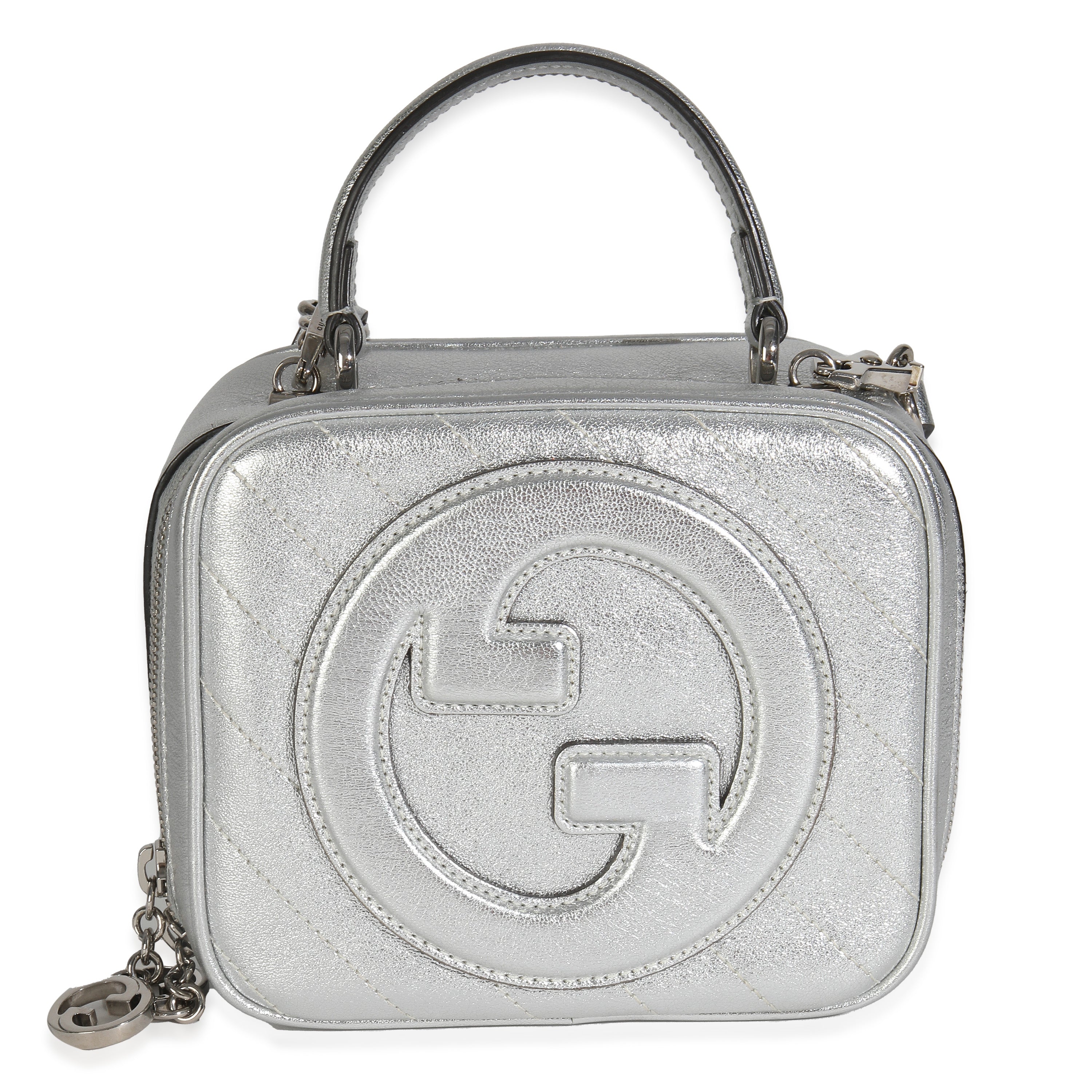 Gucci Silver Metallic Sakai Be Green Calfskin Diagonal Stitched Blondie Top Hand