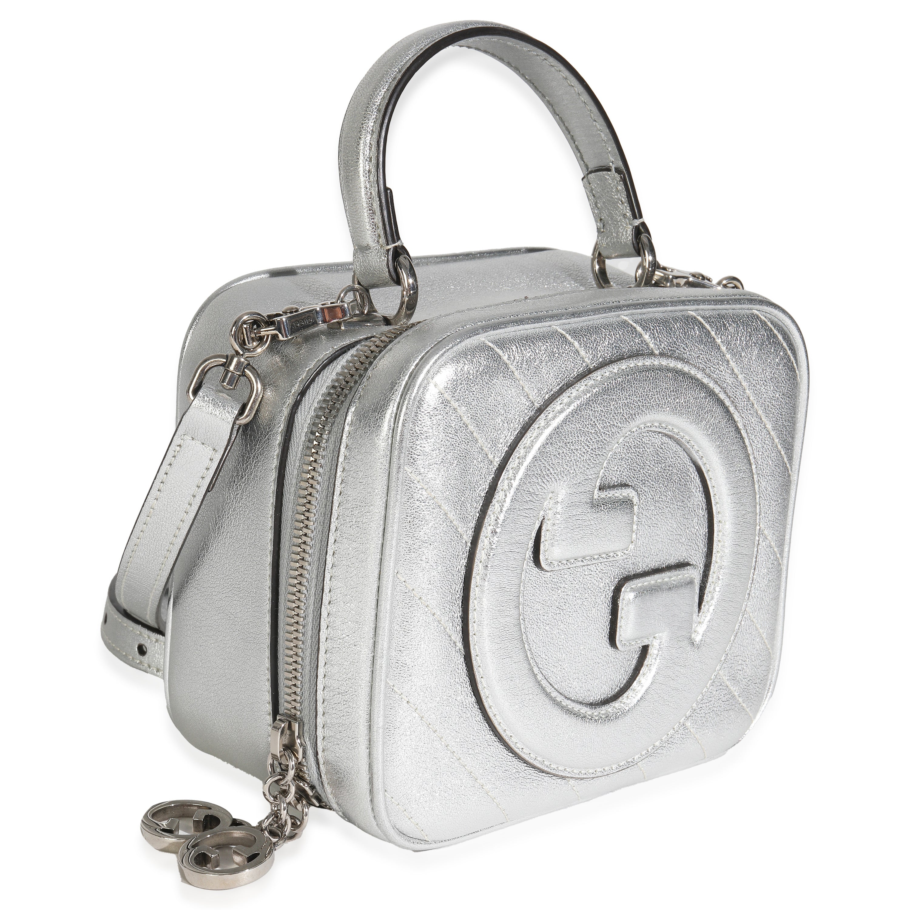 Gucci Silver Metallic Sakai Be Green Calfskin Diagonal Stitched Blondie Top Hand