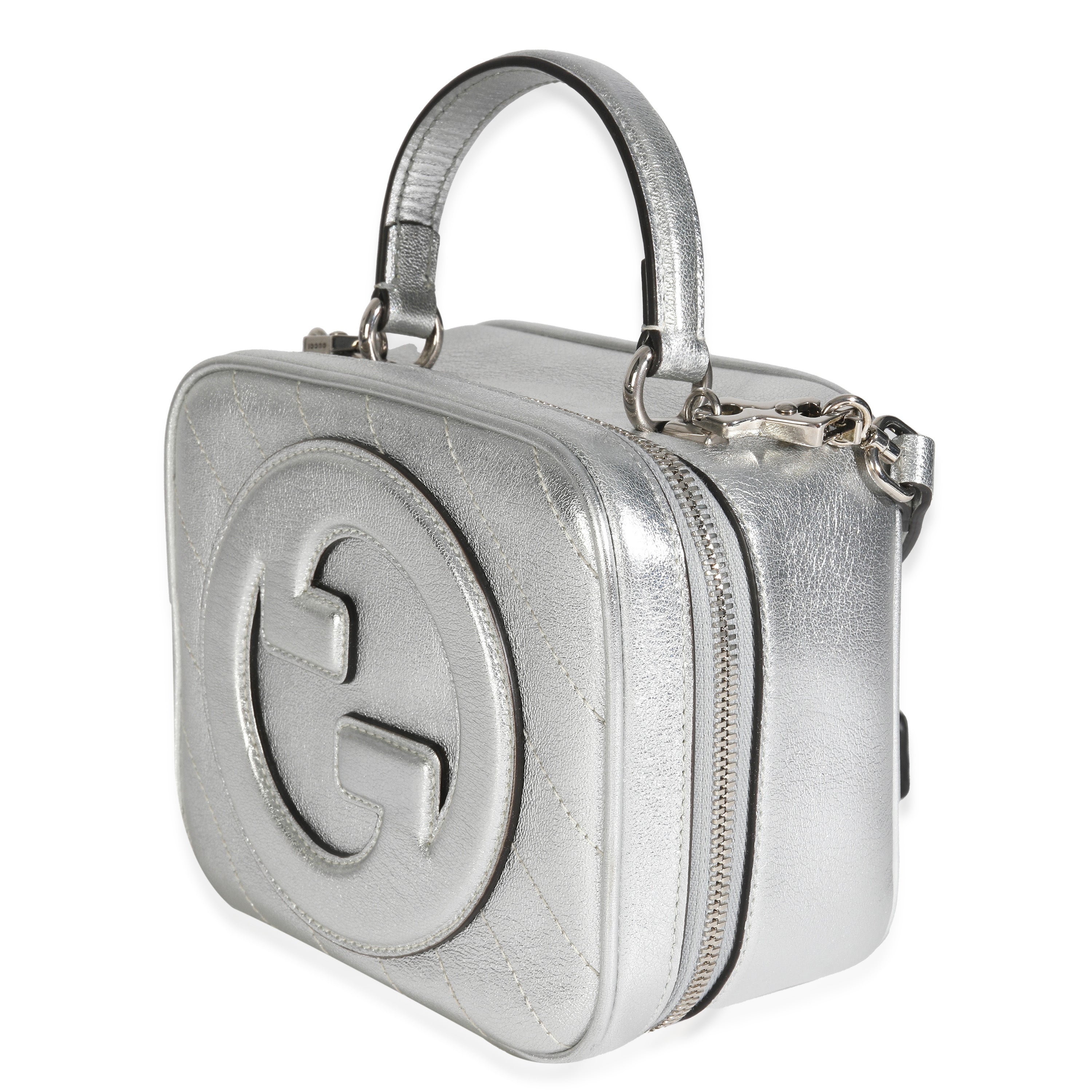 Gucci Silver Metallic Sakai Be Green Calfskin Diagonal Stitched Blondie Top Hand
