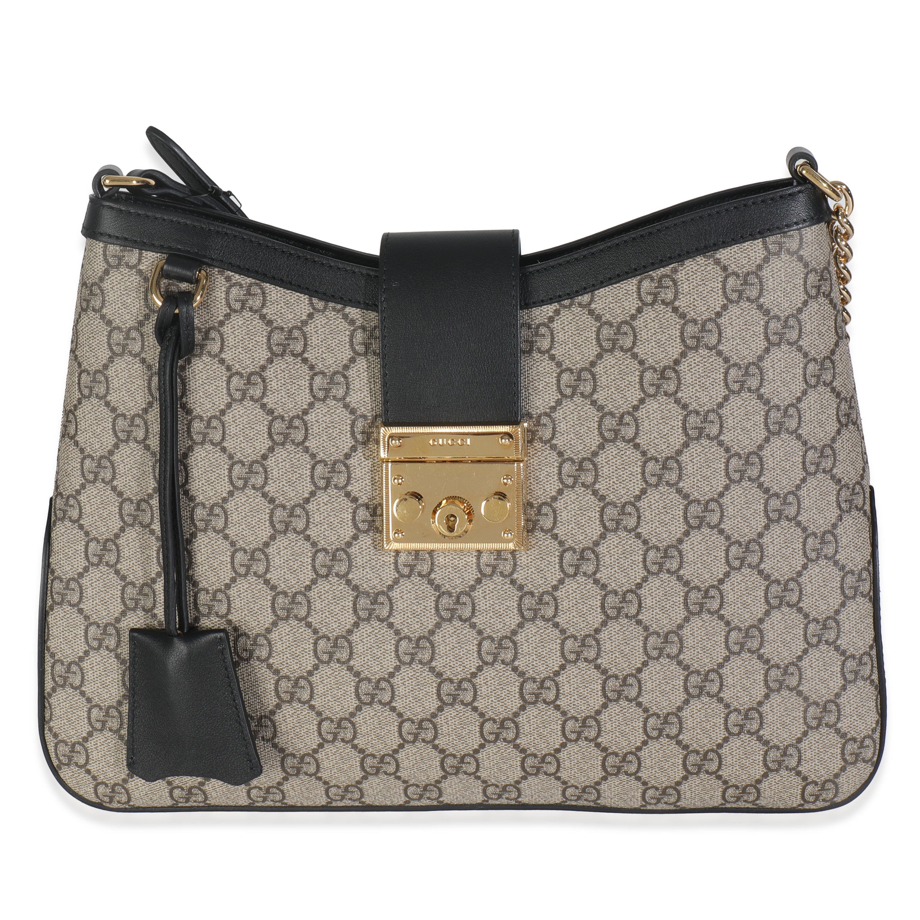 Gucci Beige Black GG Supreme Monogram Canvas Medium Padlock Shoulder Bag