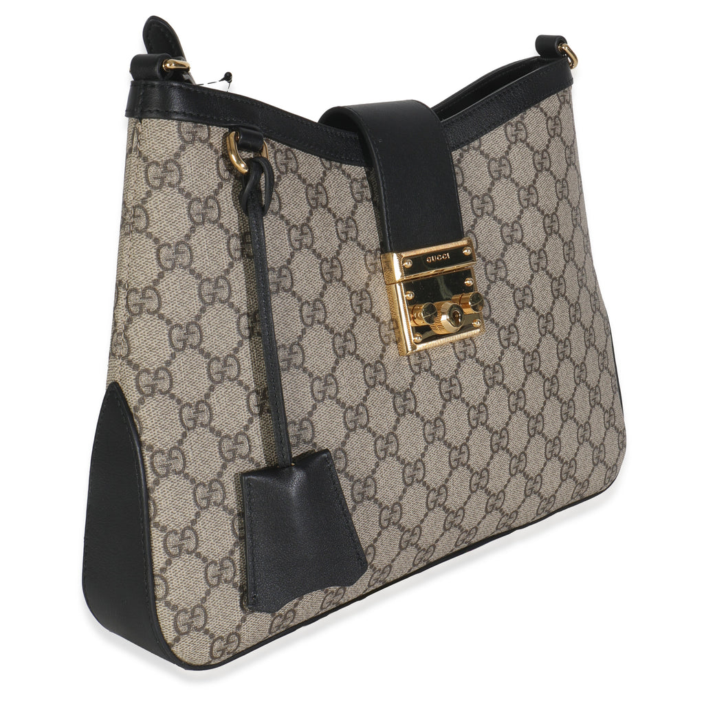 Gucci Beige Black GG Supreme Monogram Canvas Medium Padlock Shoulder Bag