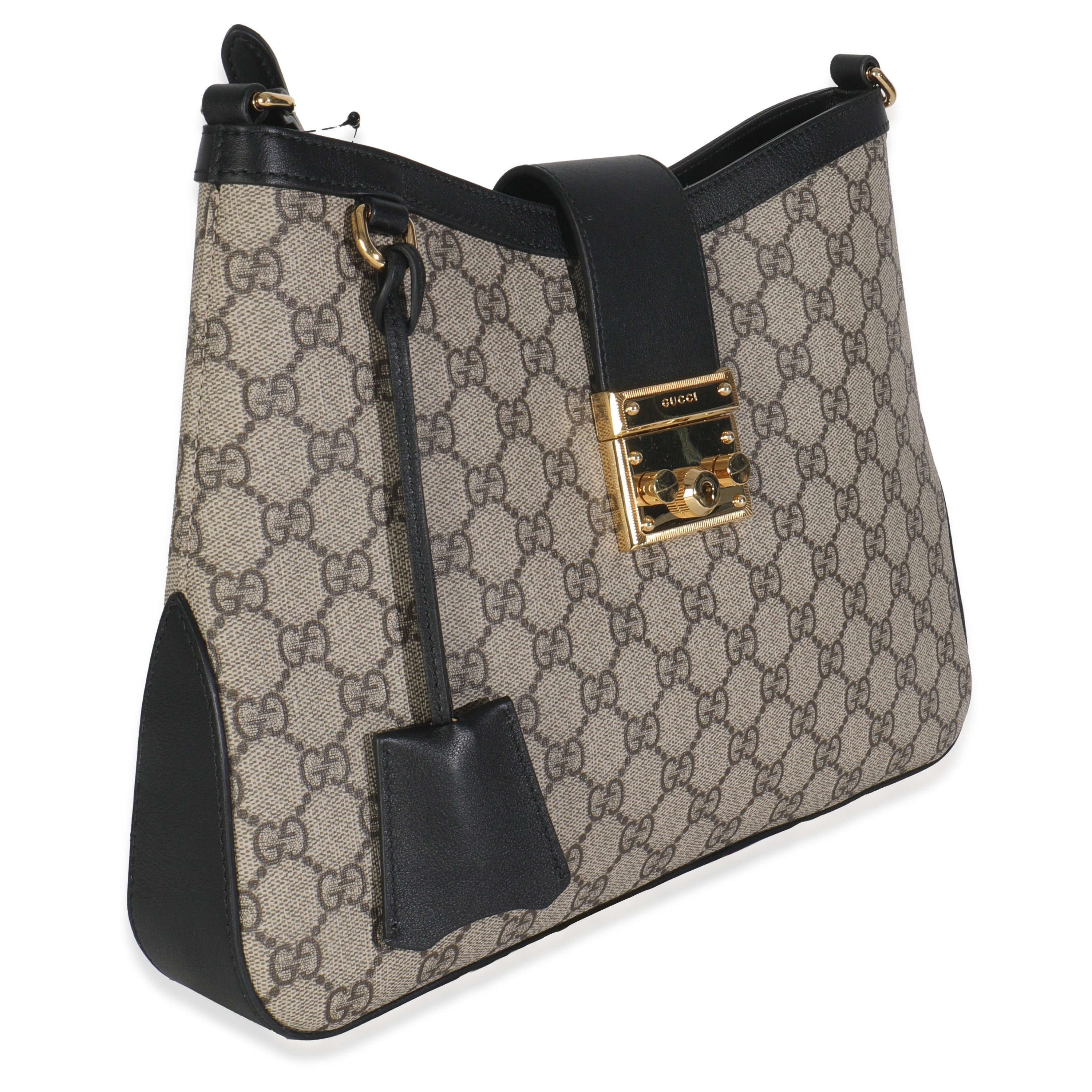 Gucci Beige Black GG Supreme Monogram Canvas Medium Padlock Shoulder Bag