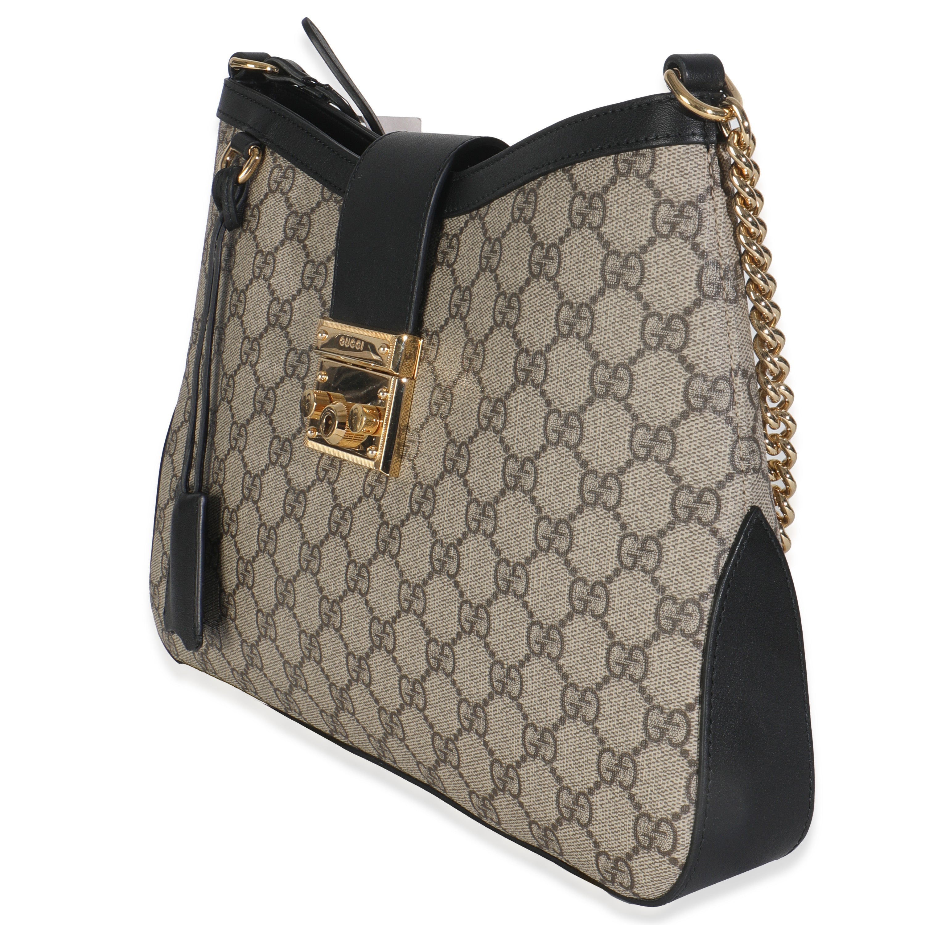Gucci Beige Black GG Supreme Monogram Canvas Medium Padlock Shoulder Bag