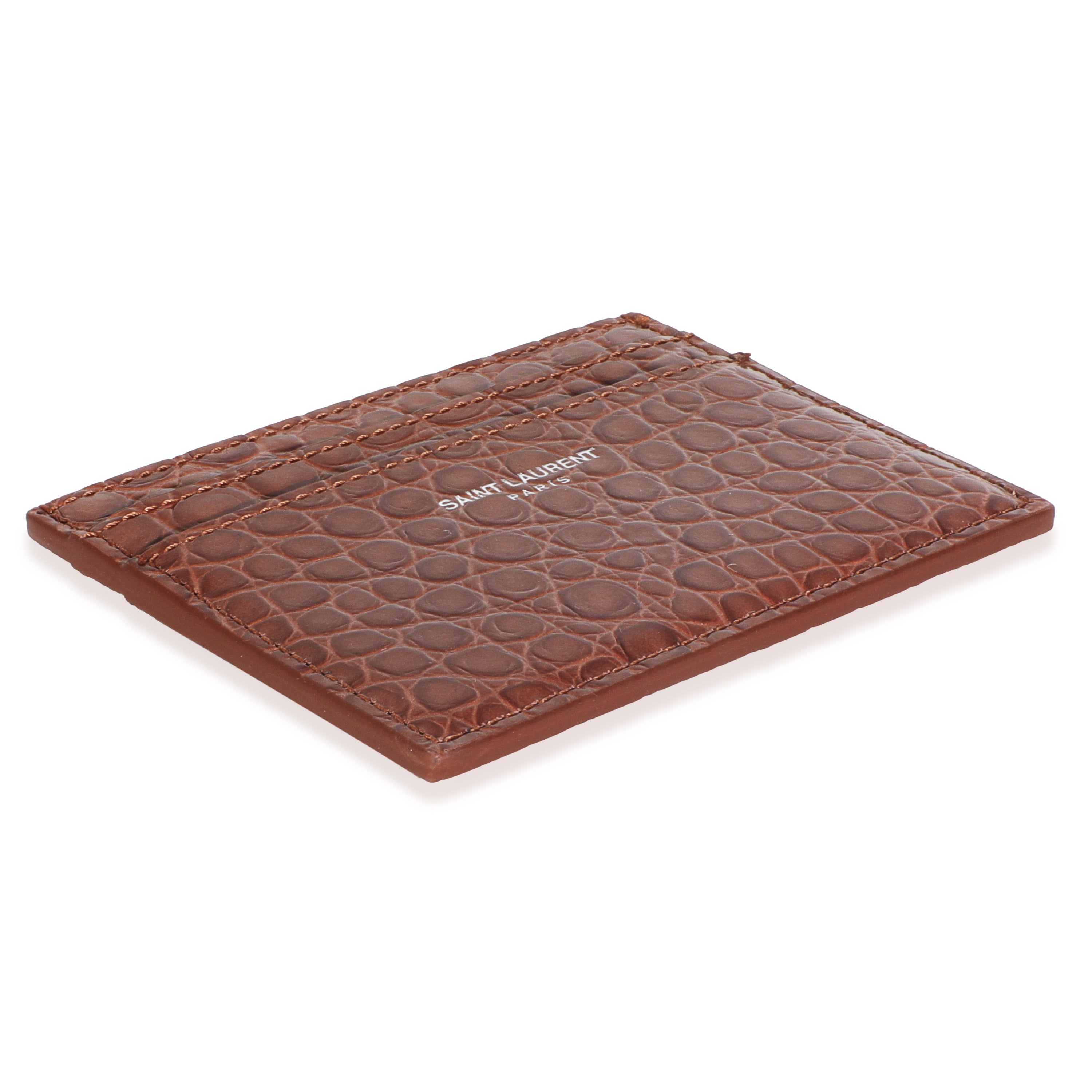 Saint Laurent Brown Croc Embossed Calfskin Logo Card Holder