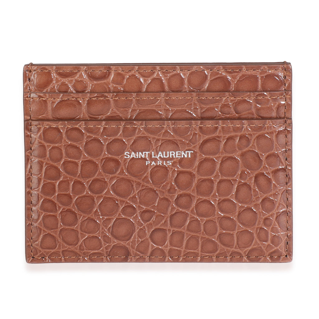 Saint Laurent Brown Croc Embossed Calfskin Logo Card Holder