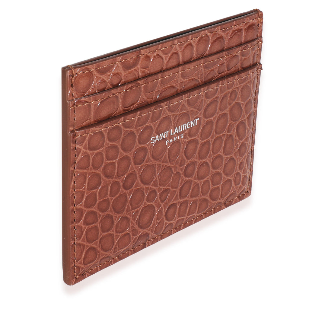 Saint Laurent Brown Croc Embossed Calfskin Logo Card Holder