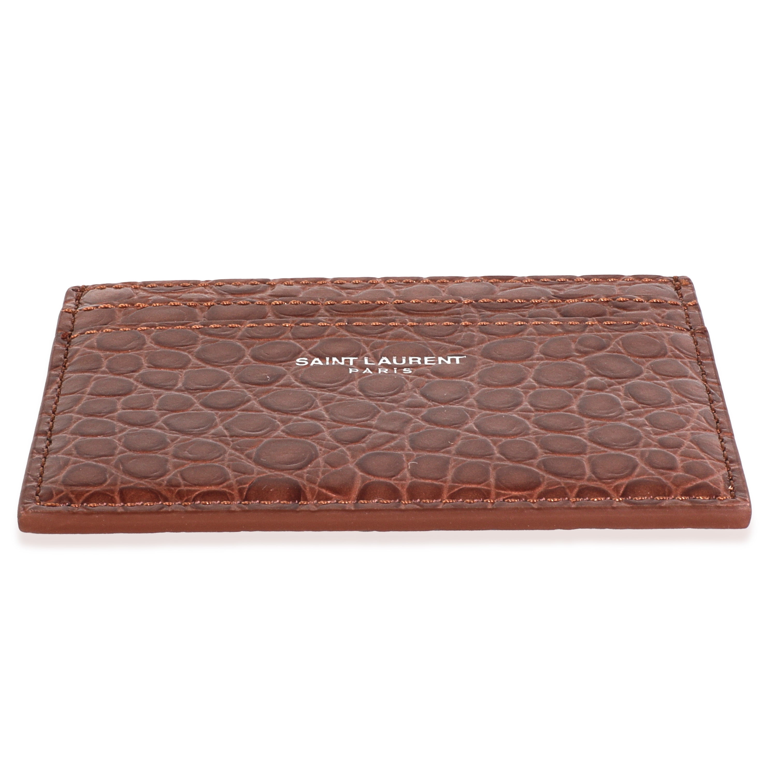 Saint Laurent Brown Croc Embossed Calfskin Logo Card Holder