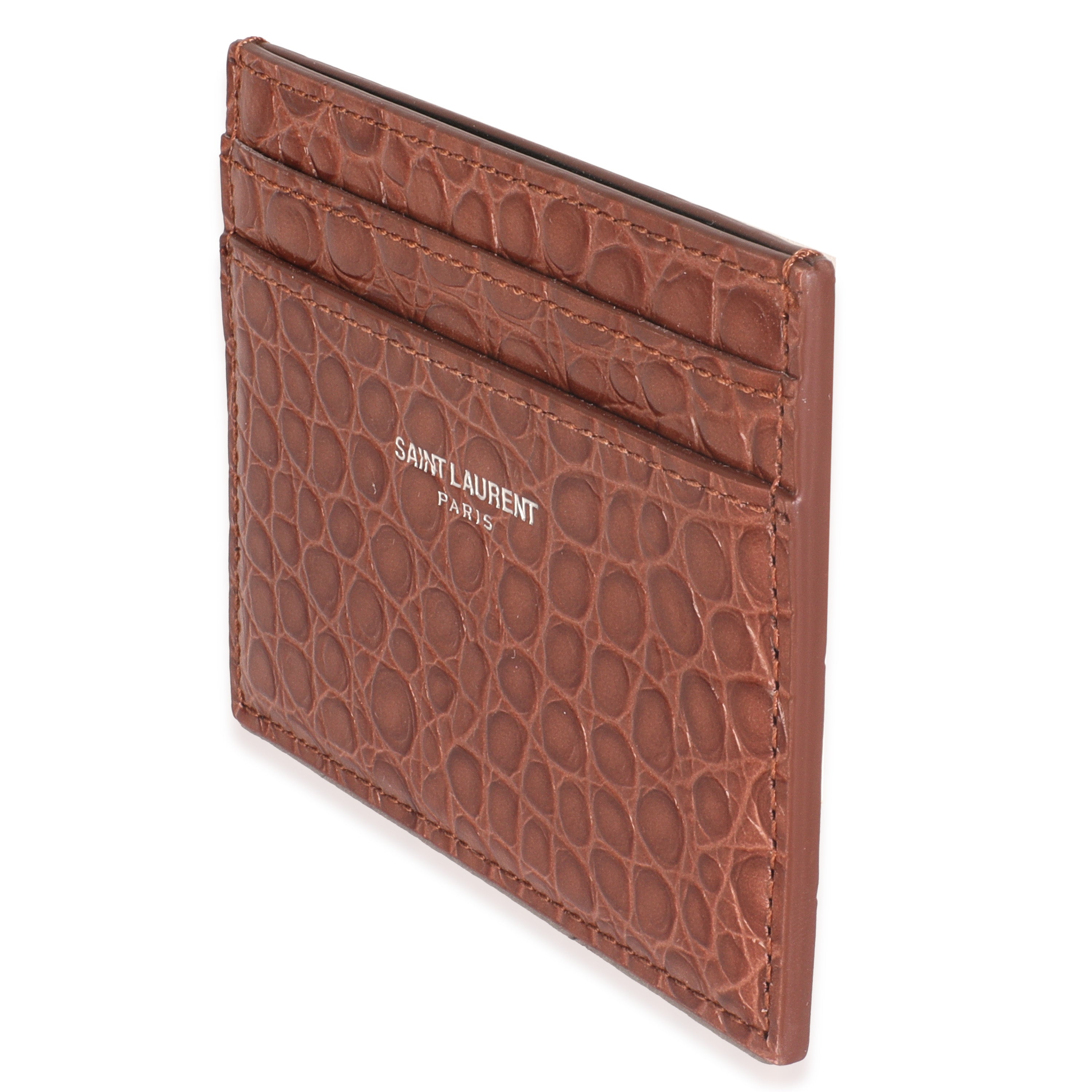 Saint Laurent Brown Croc Embossed Calfskin Logo Card Holder