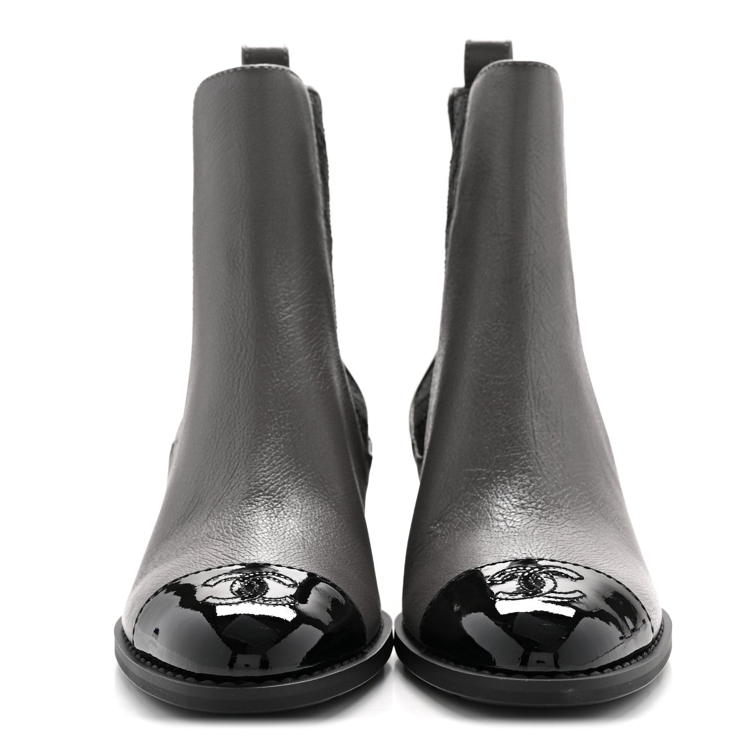 Chanel Calfskin Patent Cap Toe CC Short Boots 39 Grey Black