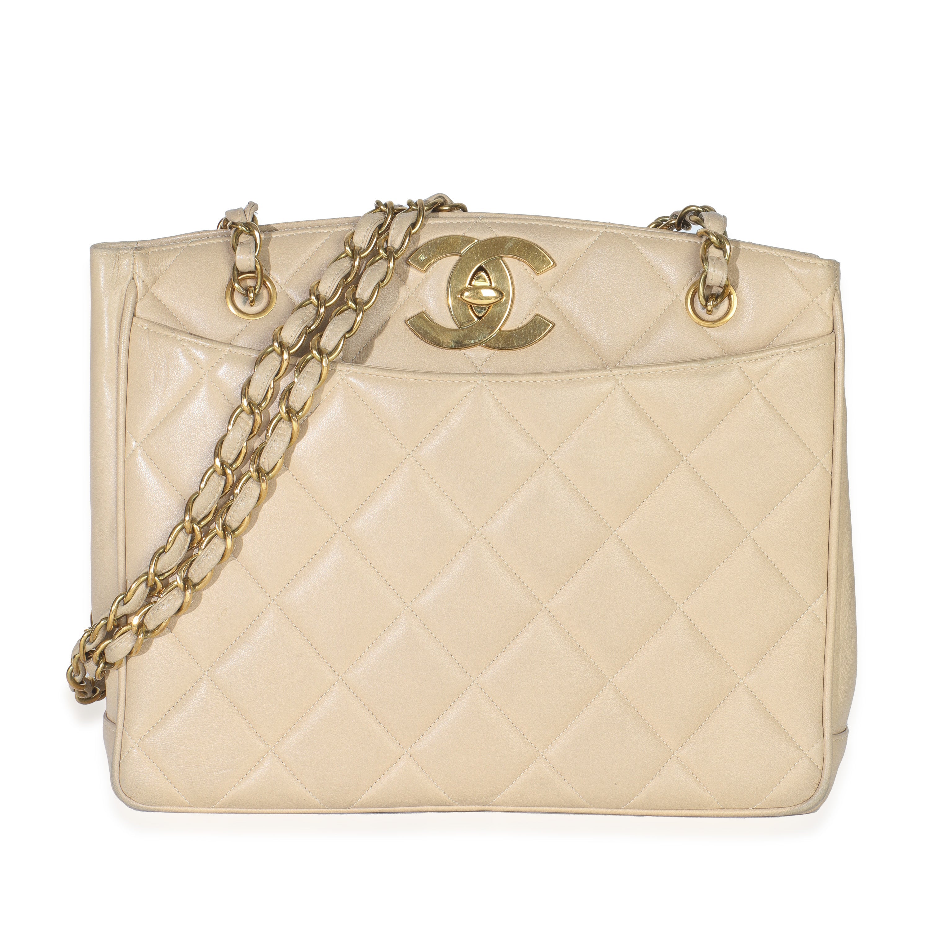 Chanel Vintage Beige Quilted Lambskin CC Shoulder Tote