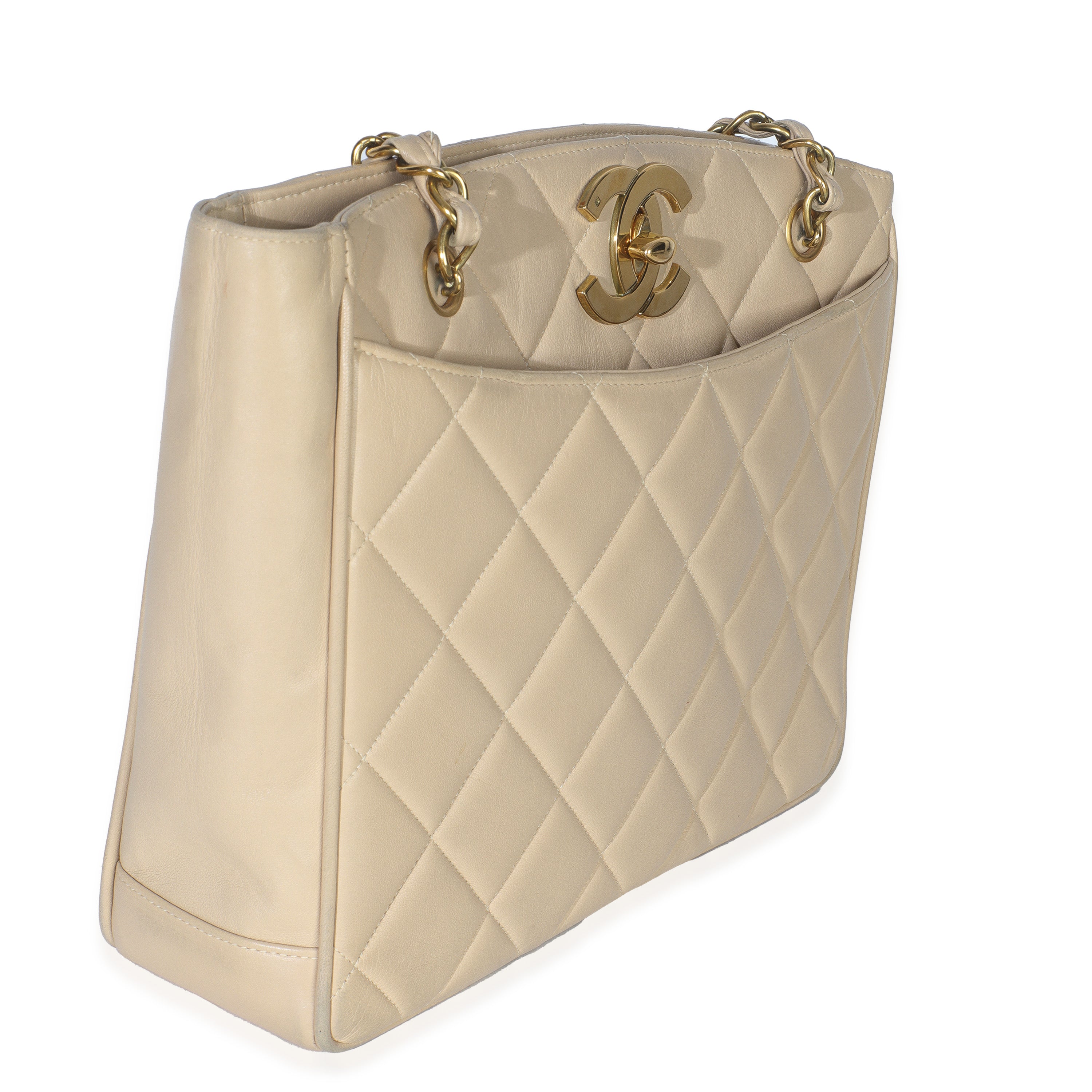 Chanel Vintage Beige Quilted Lambskin CC Shoulder Tote