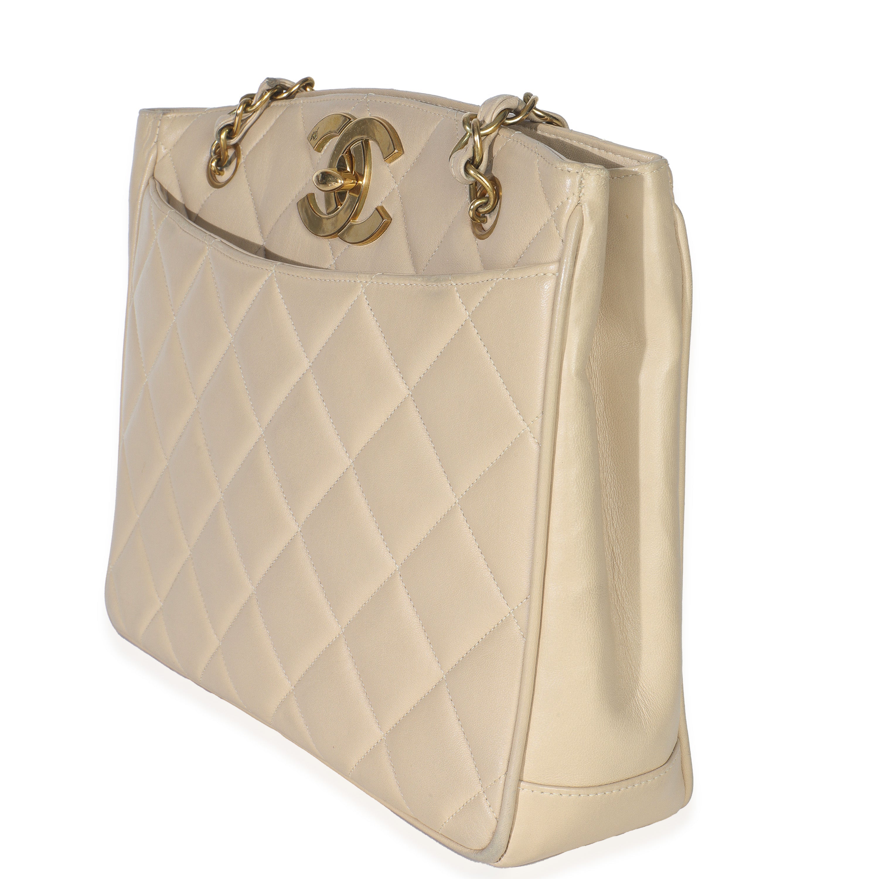 Chanel Vintage Beige Quilted Lambskin CC Shoulder Tote