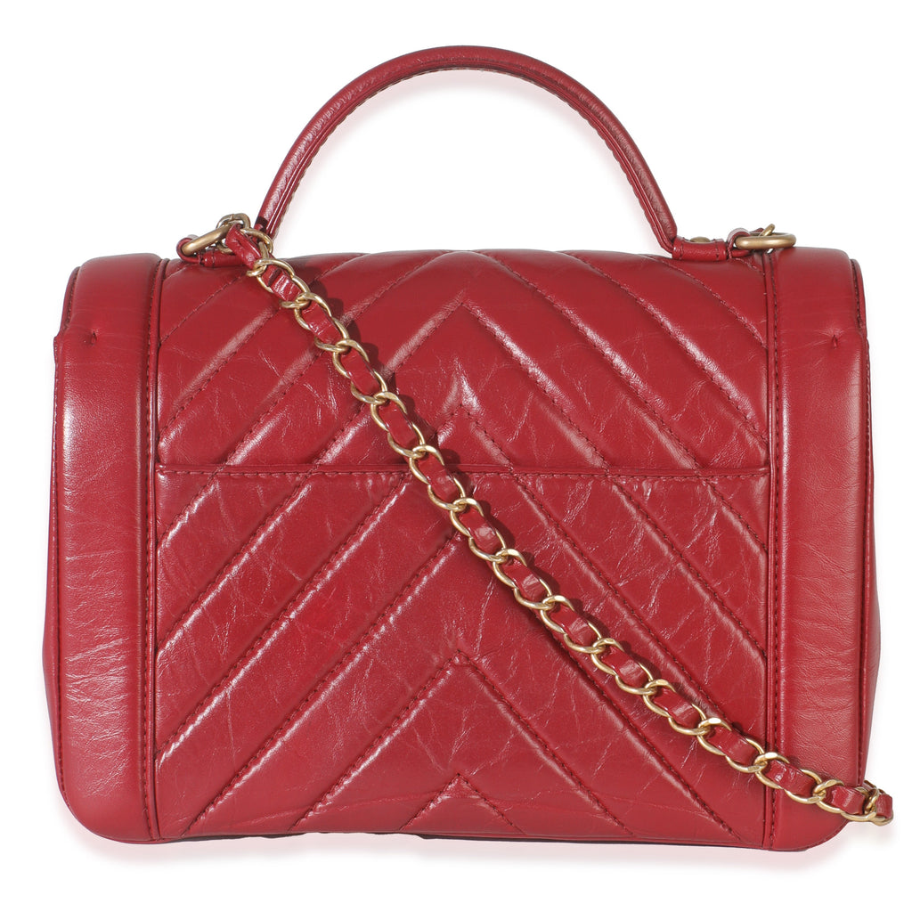 Chanel Red Chevron Calfskin Top Handle Flap Bag