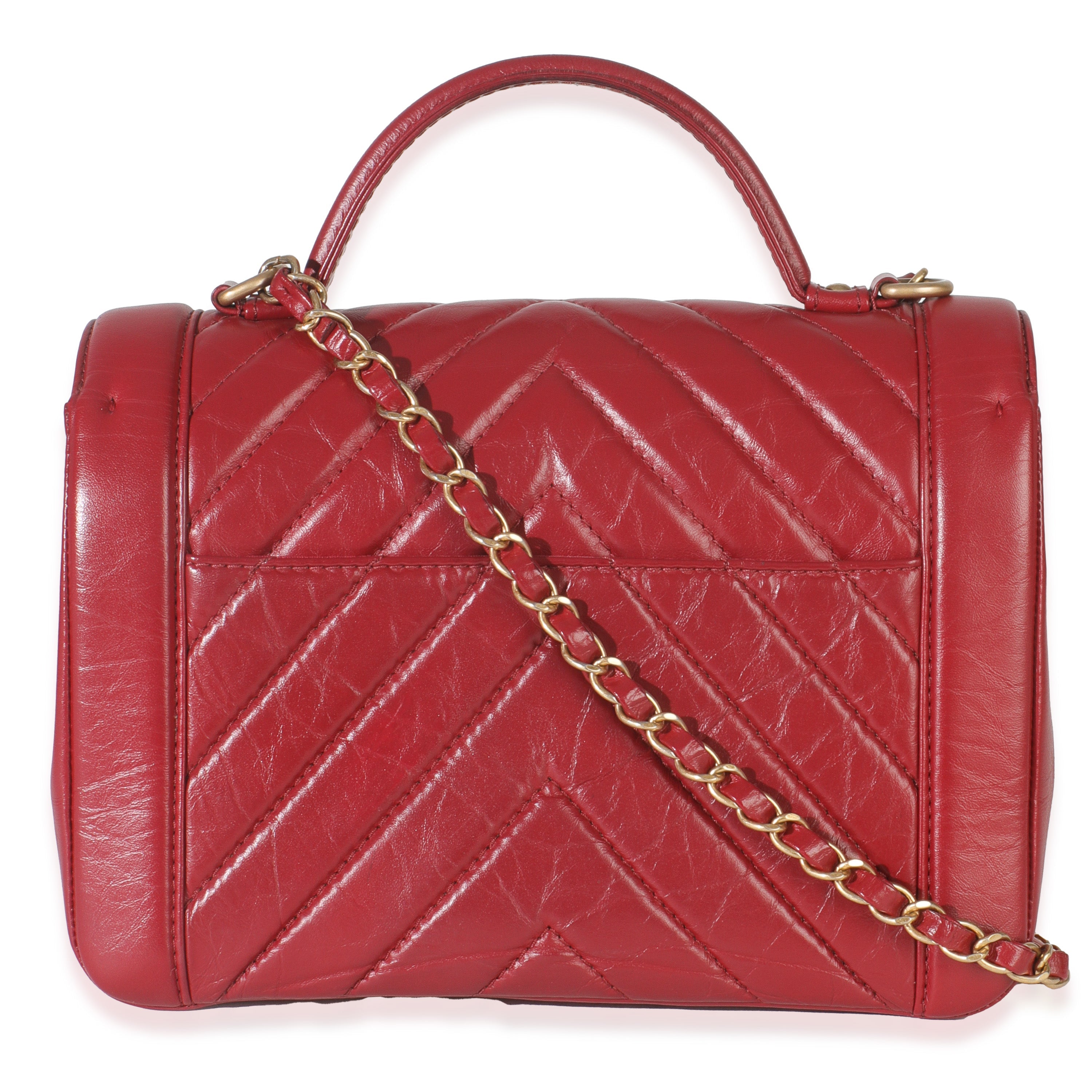 Chanel Red Chevron Calfskin Top Handle Flap Bag