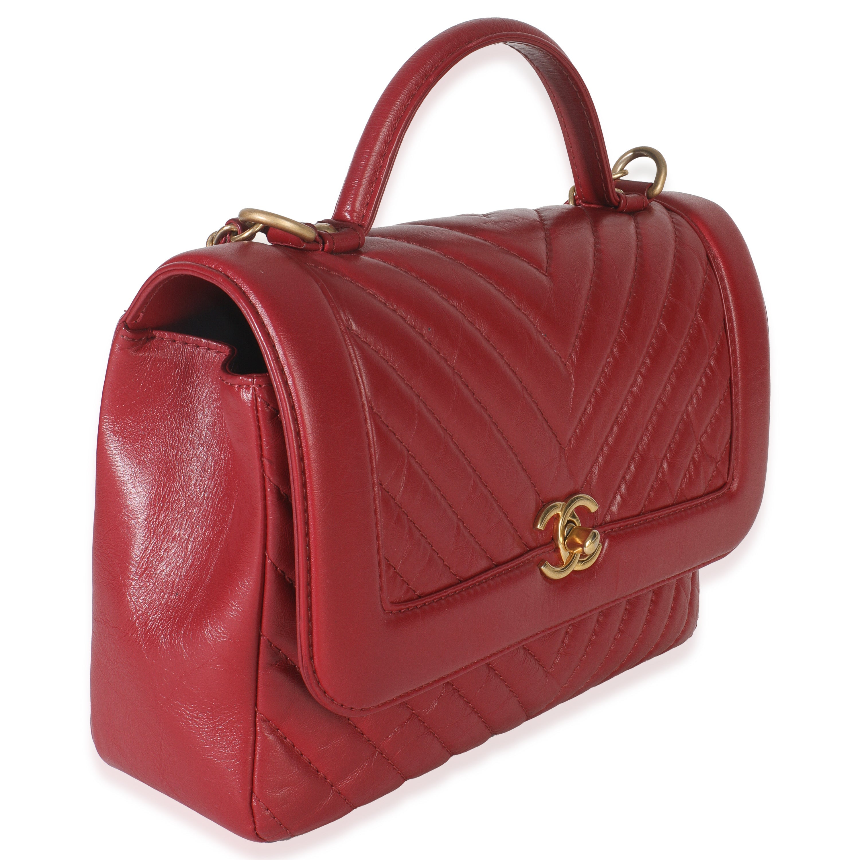 Chanel Red Chevron Calfskin Top Handle Flap Bag