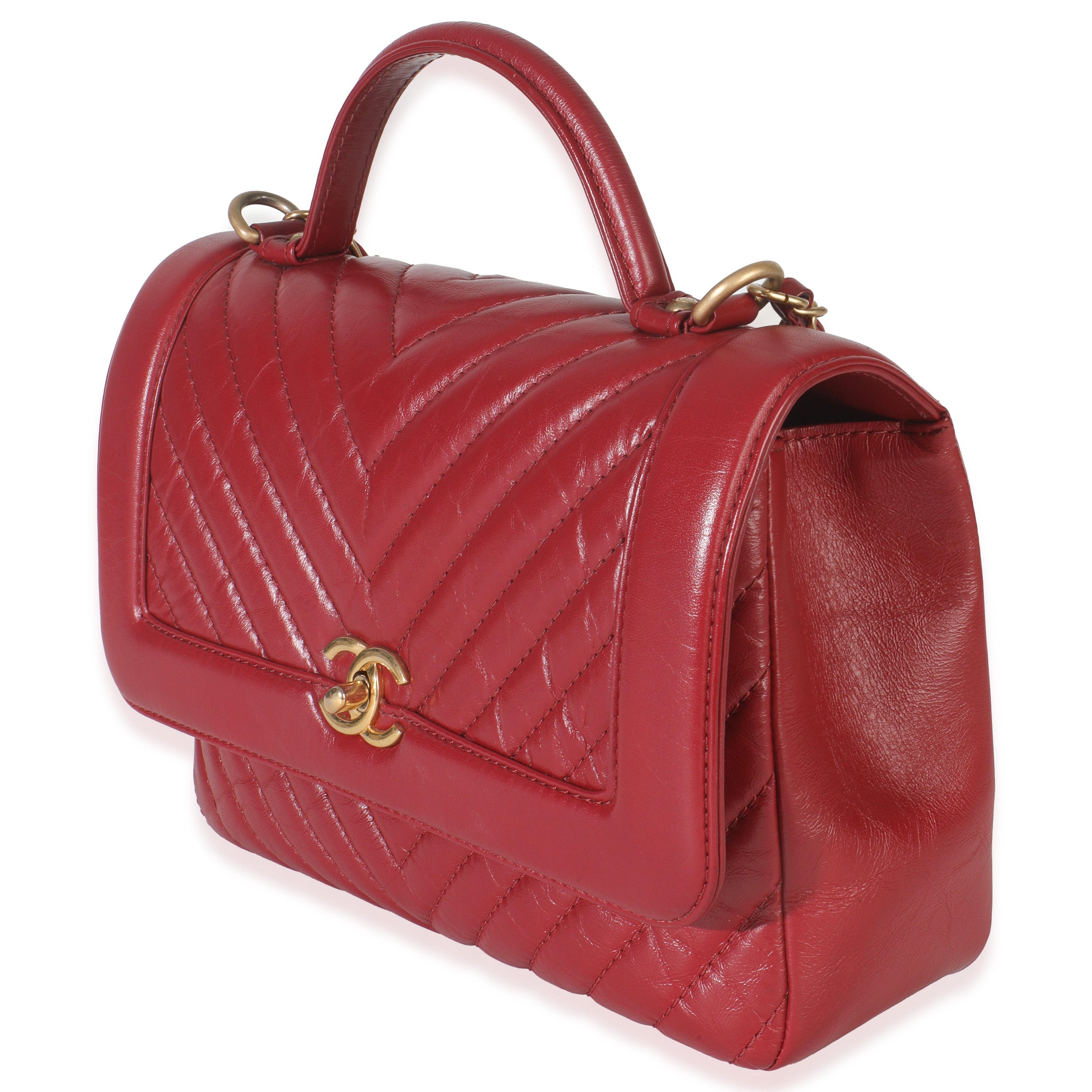 Chanel Red Chevron Calfskin Top Handle Flap Bag