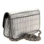 Balenciaga Metallic Extra Supple Calfskin Crocodile Embossed Gossip Wallet On Chain Silver