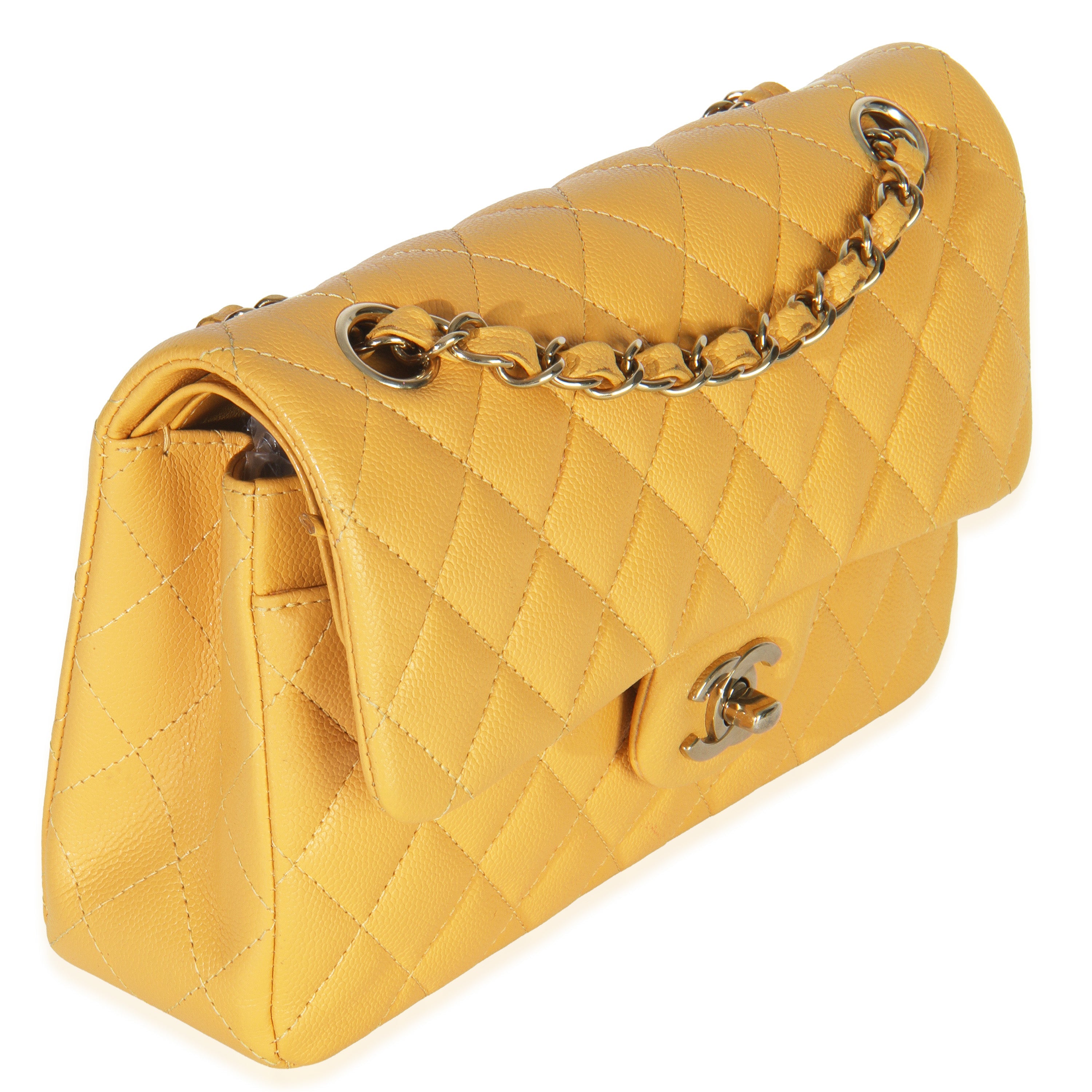 Chanel Yellow Caviar Quilted Small Classic Double Flap Handbag