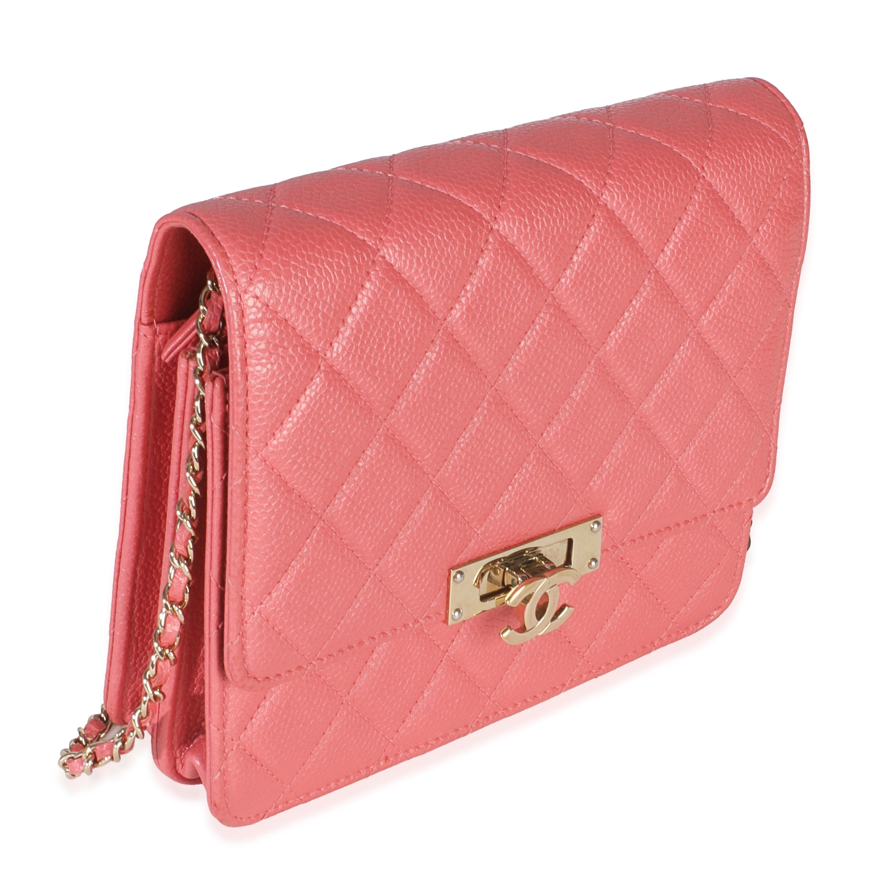 Chanel Pink Iridescent Quilted Caviar Golden Class Square Wallet On Chain