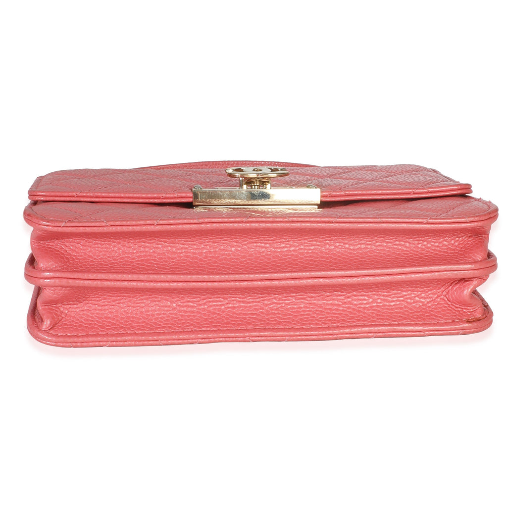 Chanel Pink Iridescent Quilted Caviar Golden Class Square Wallet On Chain