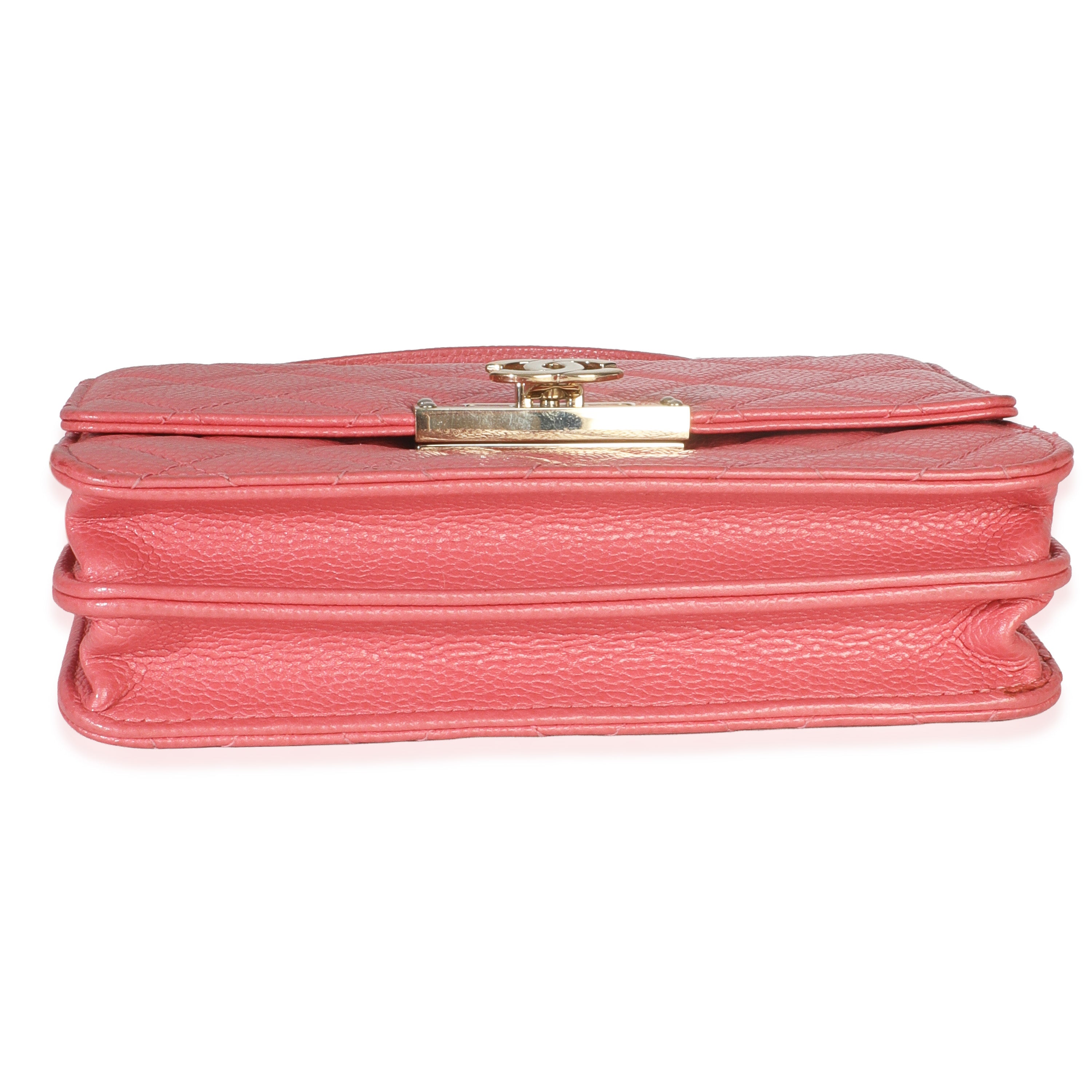 Chanel Pink Iridescent Quilted Caviar Golden Class Square Wallet On Chain