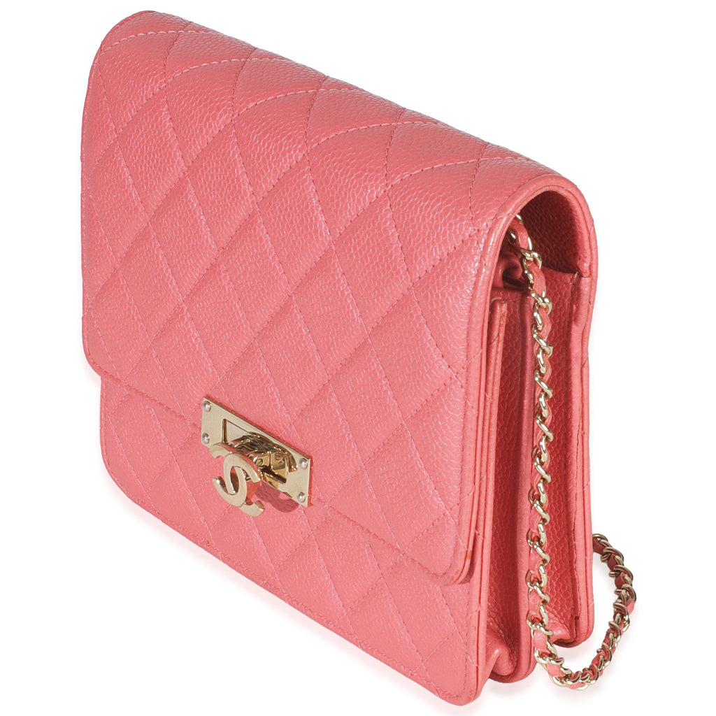 Chanel Pink Iridescent Quilted Caviar Golden Class Square Wallet On Chain
