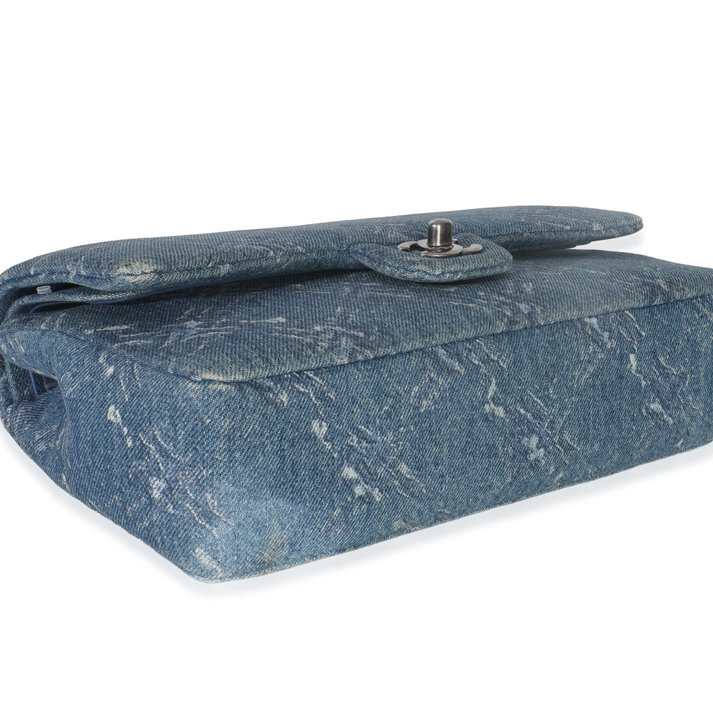 Chanel Blue Bleached Chain Printed Denim Medium Classic Double Flap Bag
