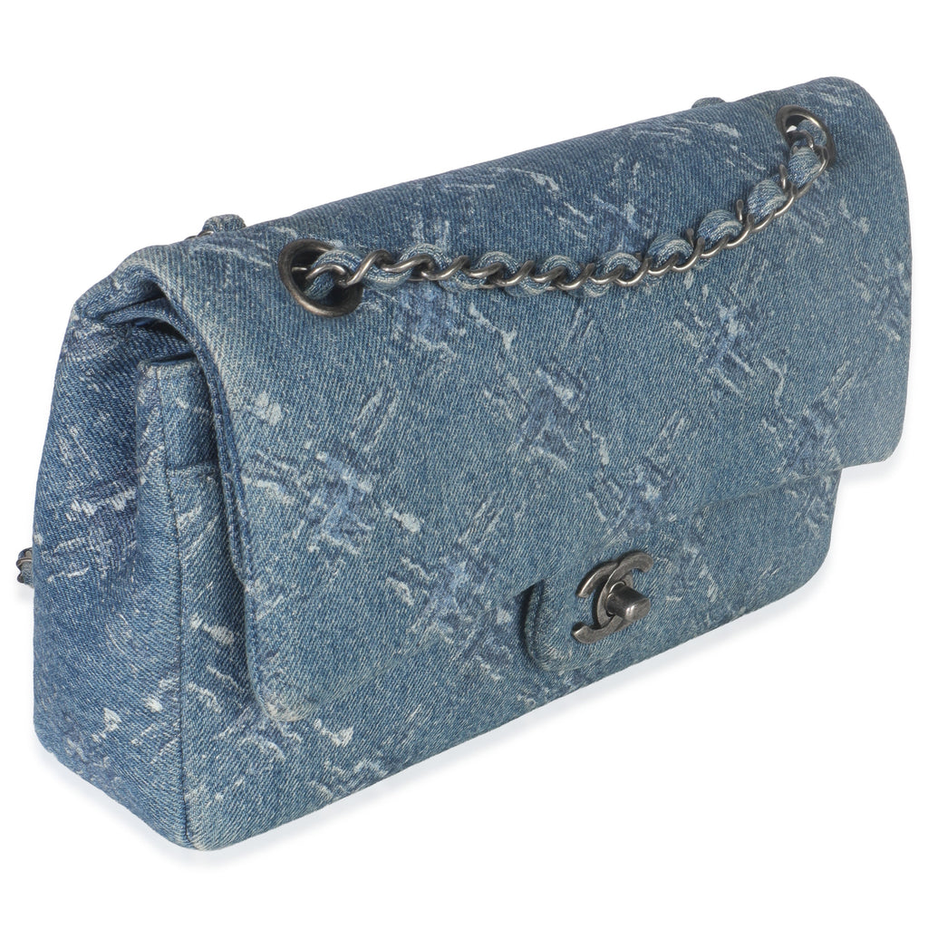Chanel Blue Bleached Chain Printed Denim Medium Classic Double Flap Bag