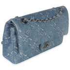Chanel Blue Bleached Chain Printed Denim Medium Classic Double Flap Bag