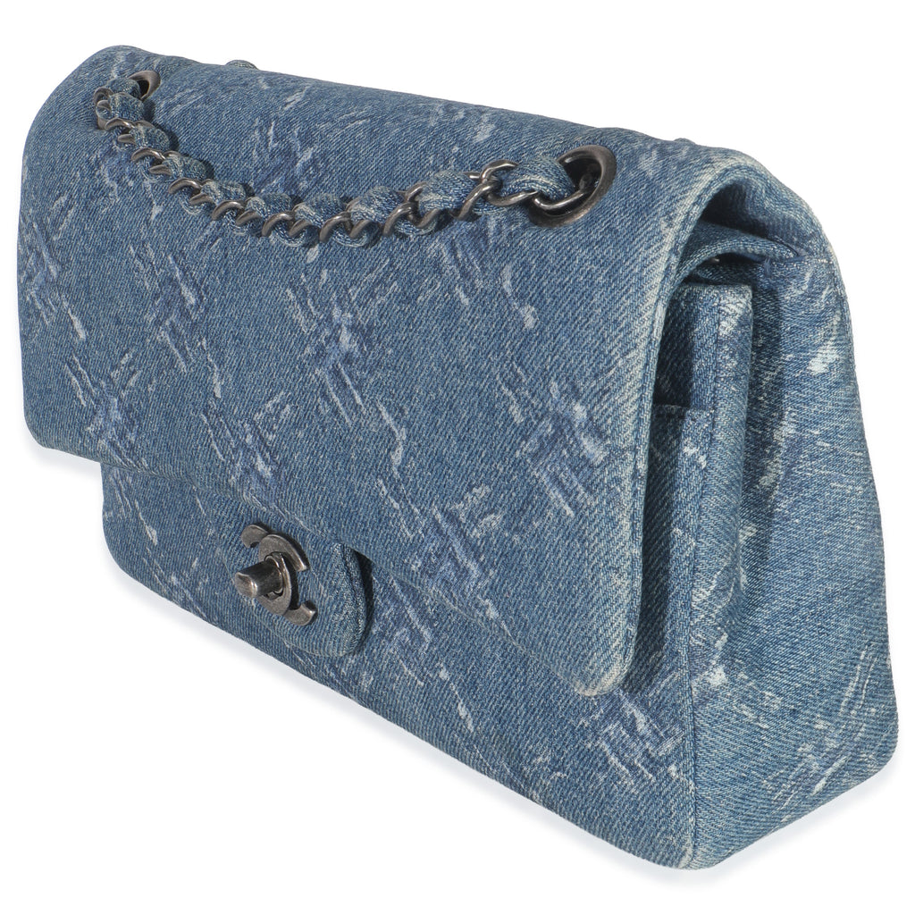 Chanel Blue Bleached Chain Printed Denim Medium Classic Double Flap Bag