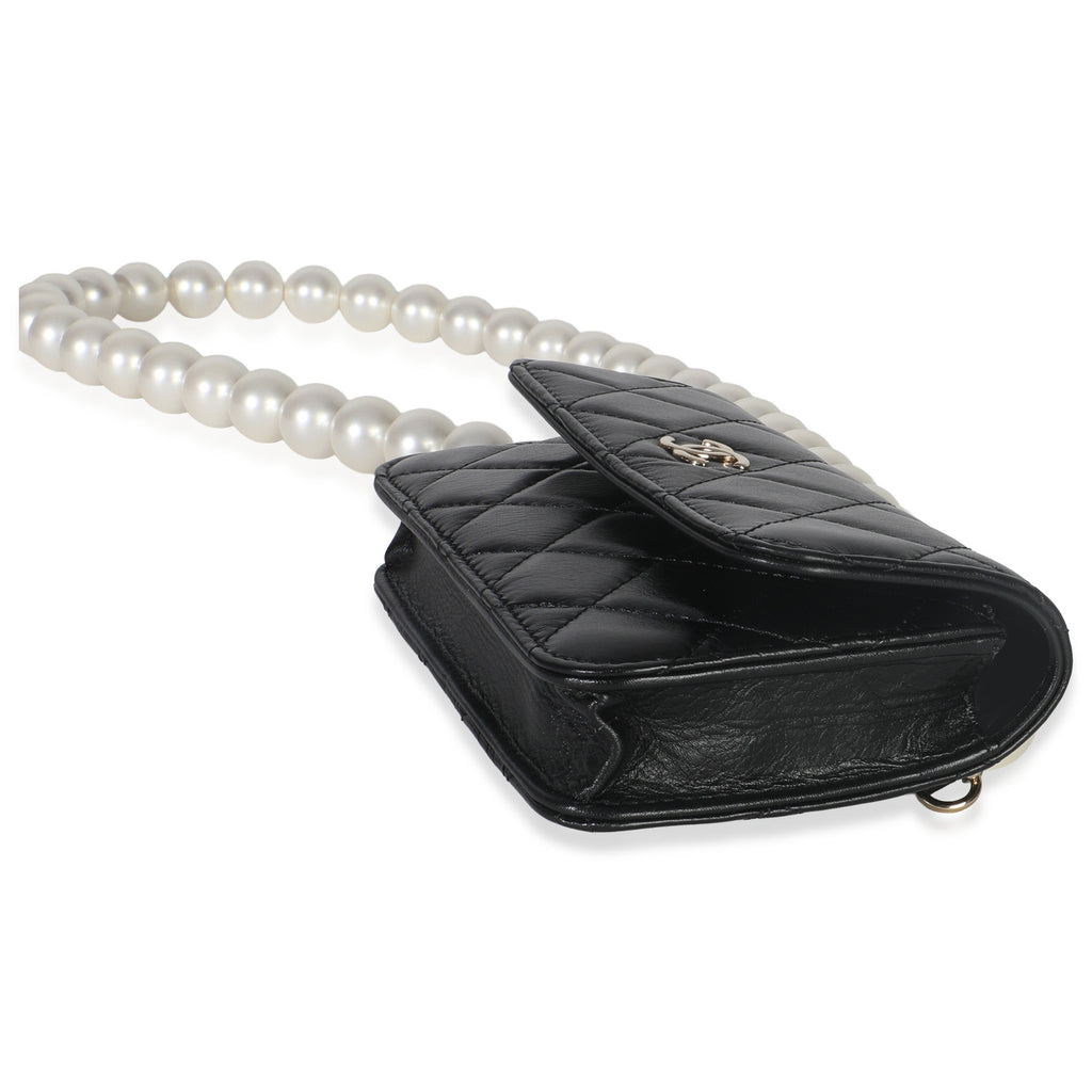 Chanel Black Quilted Calfskin Pearl Strap Mini Clutch With Chain