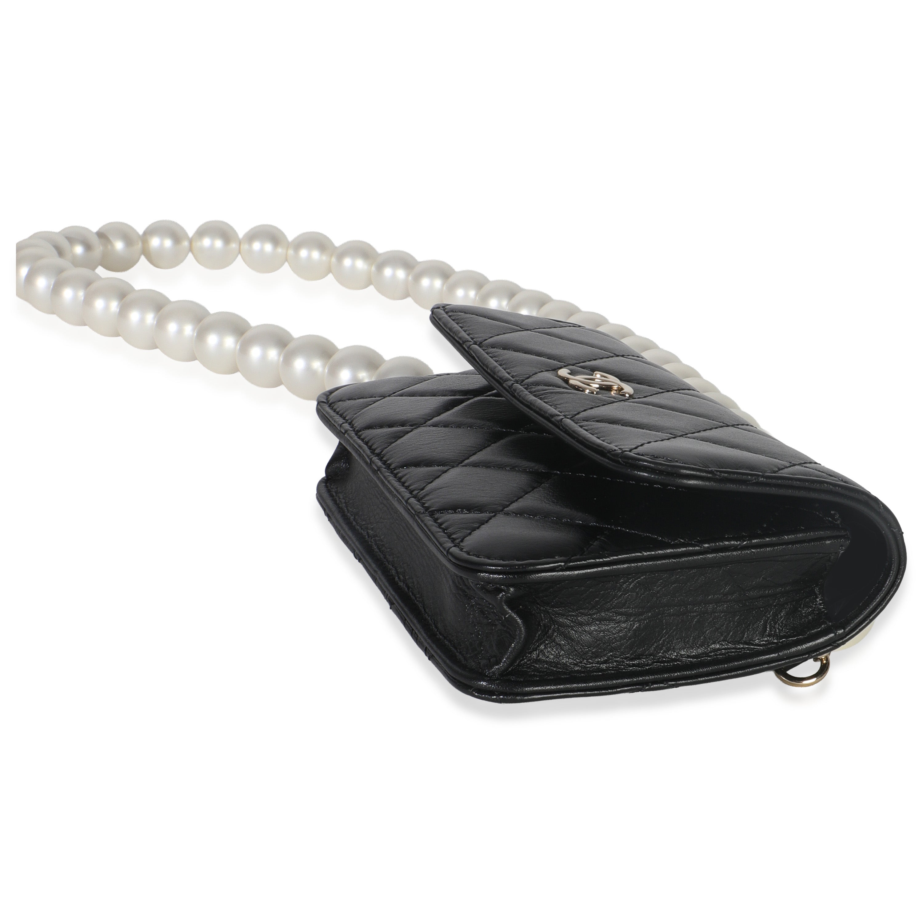 Chanel Black Quilted Calfskin Pearl Strap Mini Clutch With Chain