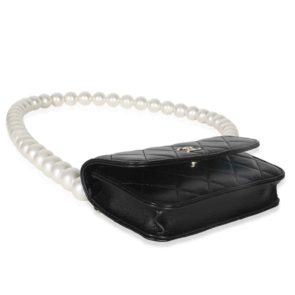 Chanel Black Quilted Calfskin Pearl Strap Mini Clutch With Chain