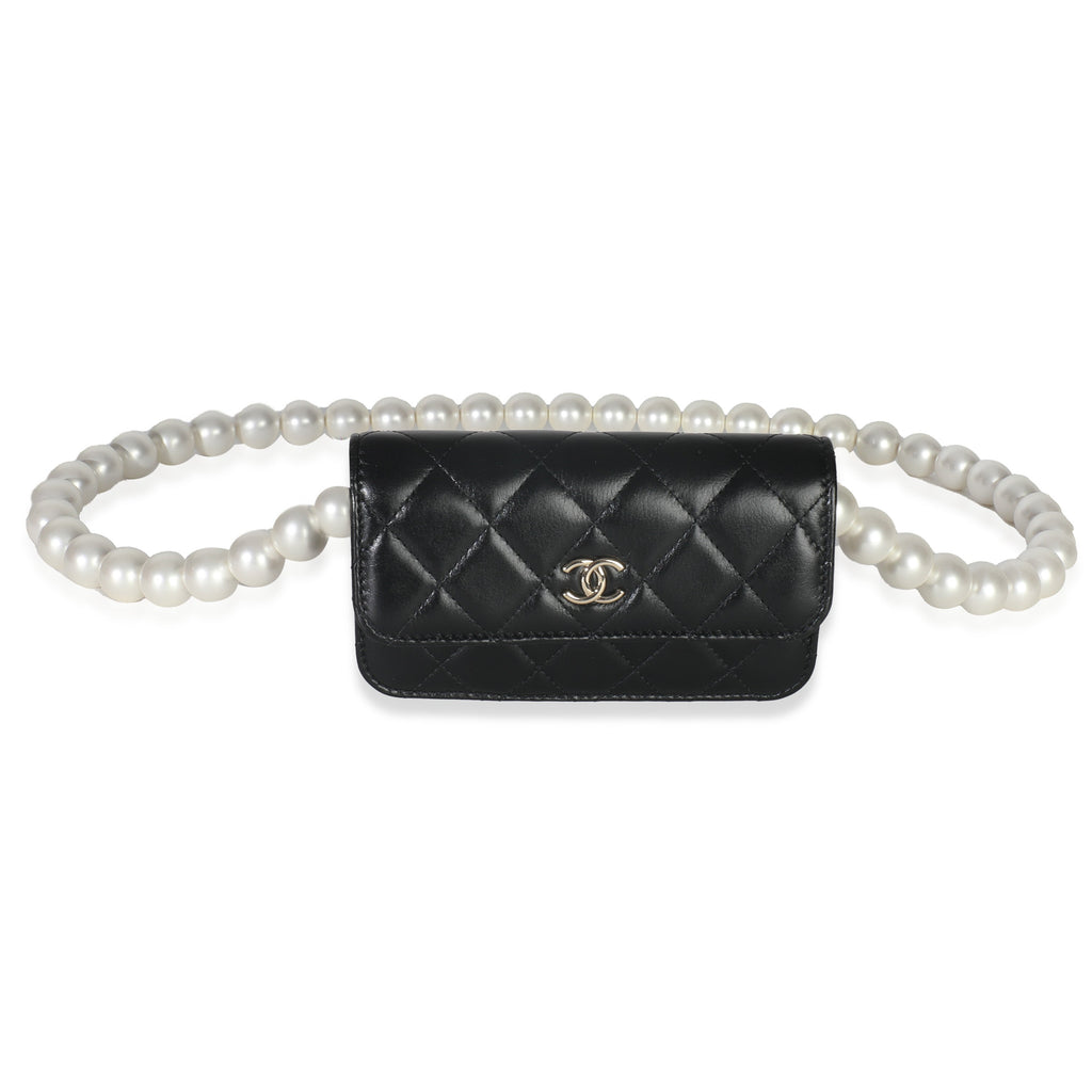Chanel Black Quilted Calfskin Pearl Strap Mini Clutch With Chain
