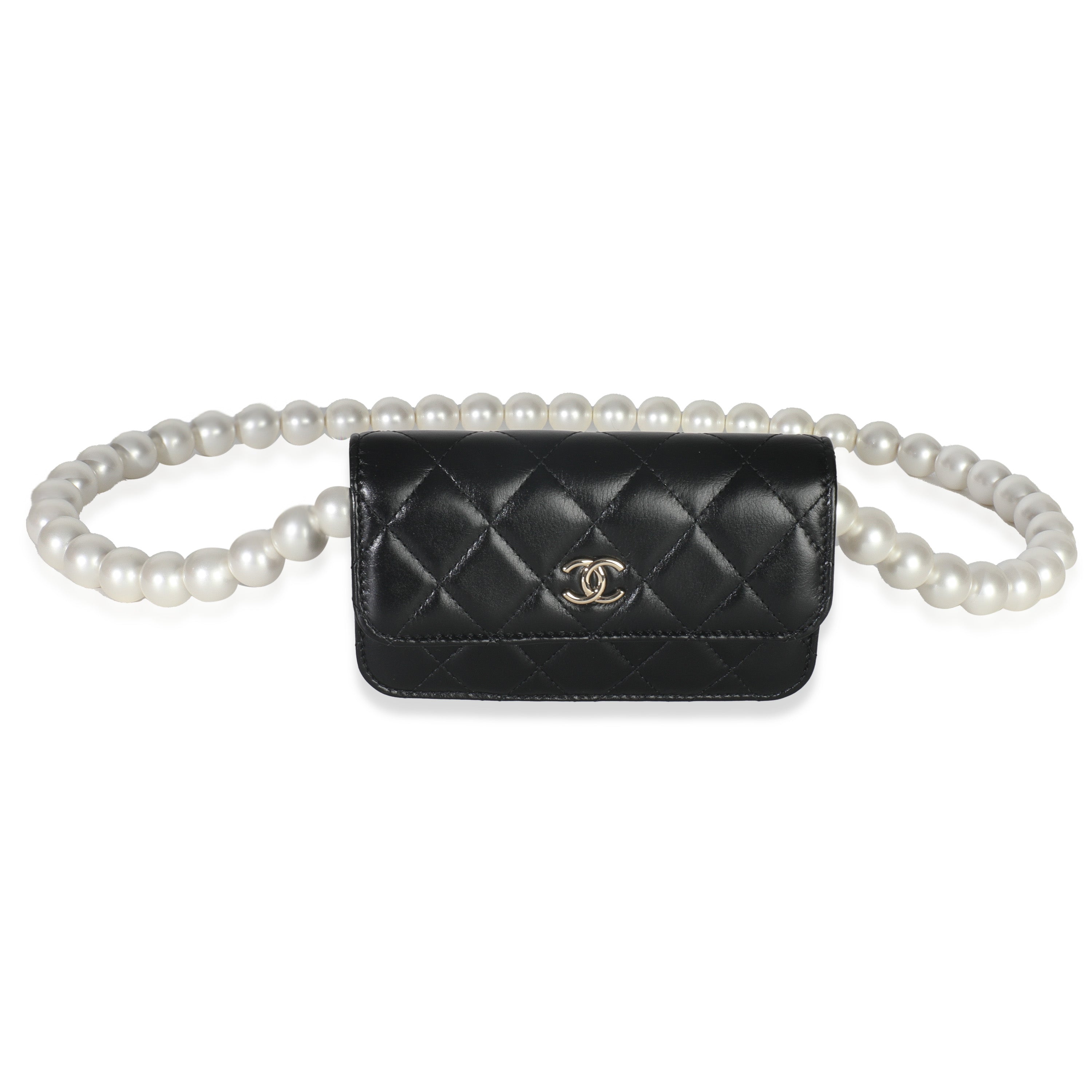 Chanel Black Quilted Calfskin Pearl Strap Mini Clutch With Chain