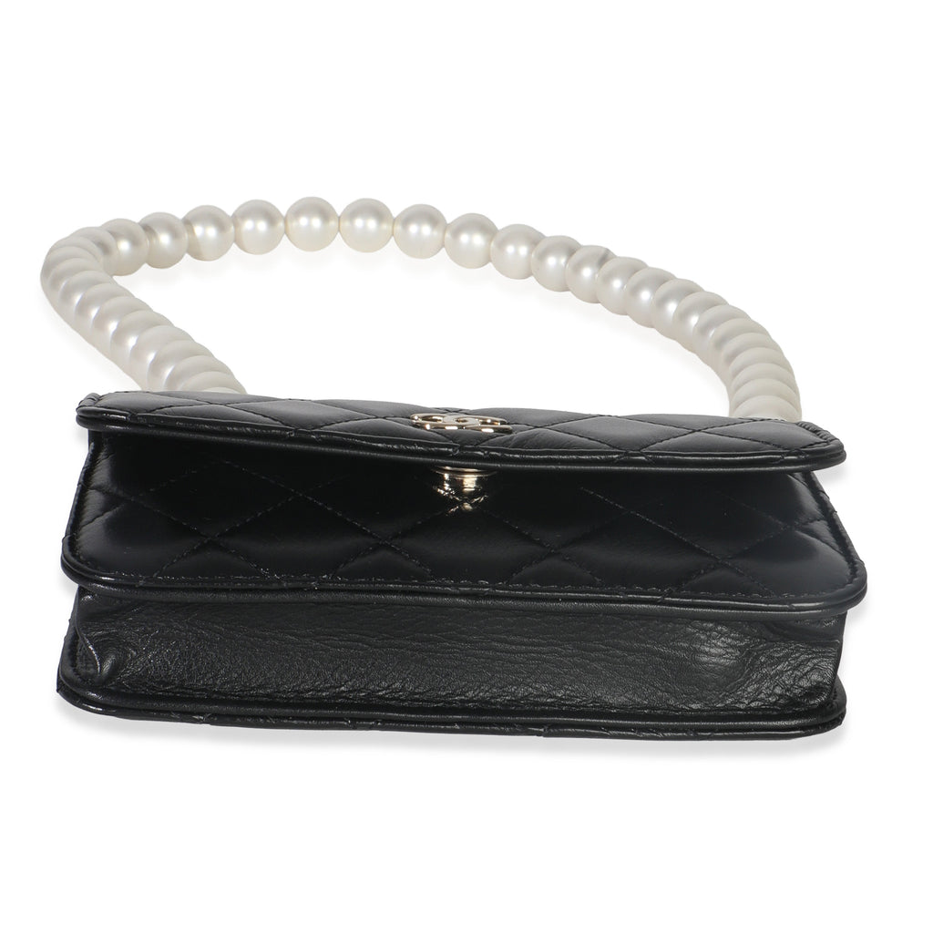 Chanel Black Quilted Calfskin Pearl Strap Mini Clutch With Chain
