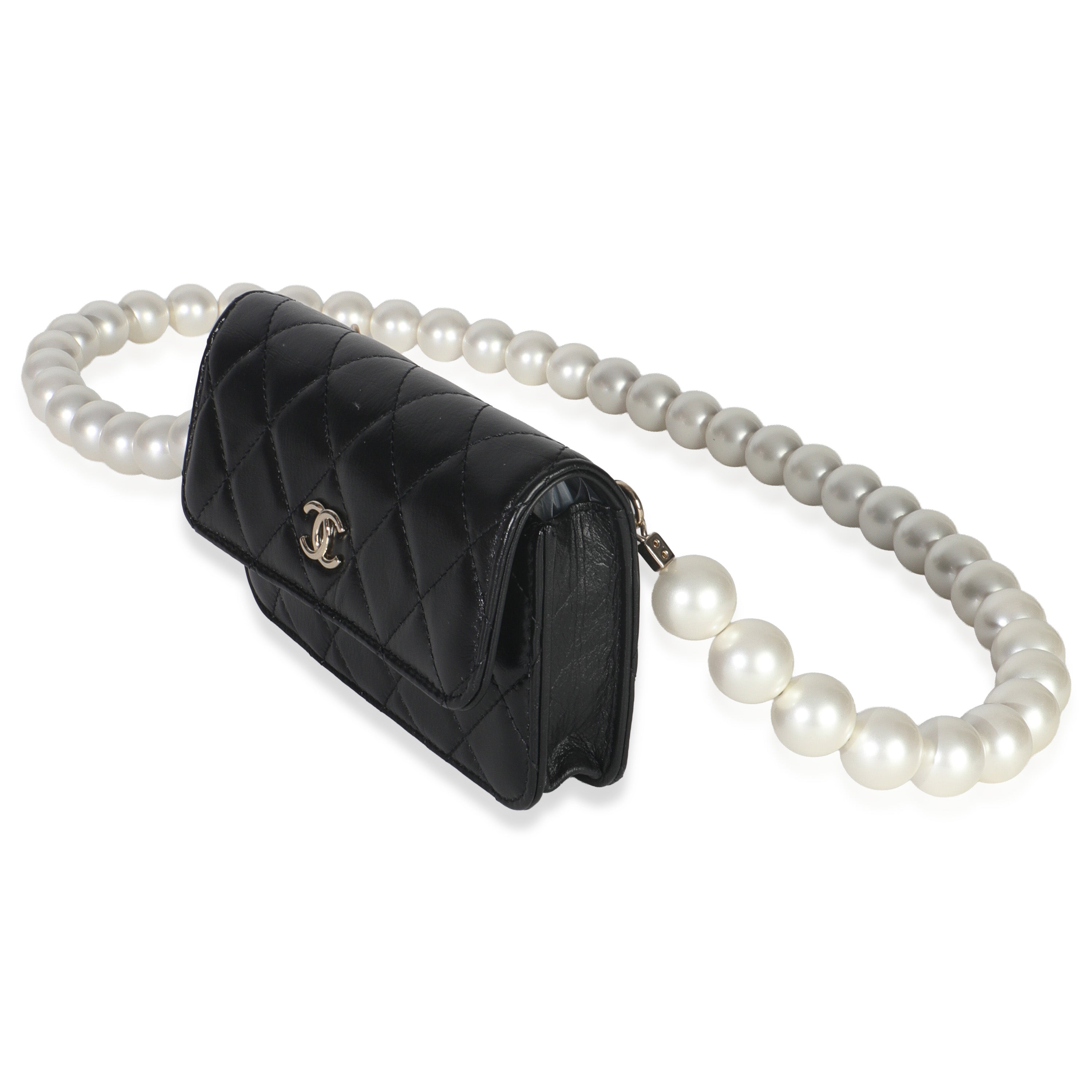 Chanel Black Quilted Calfskin Pearl Strap Mini Clutch With Chain