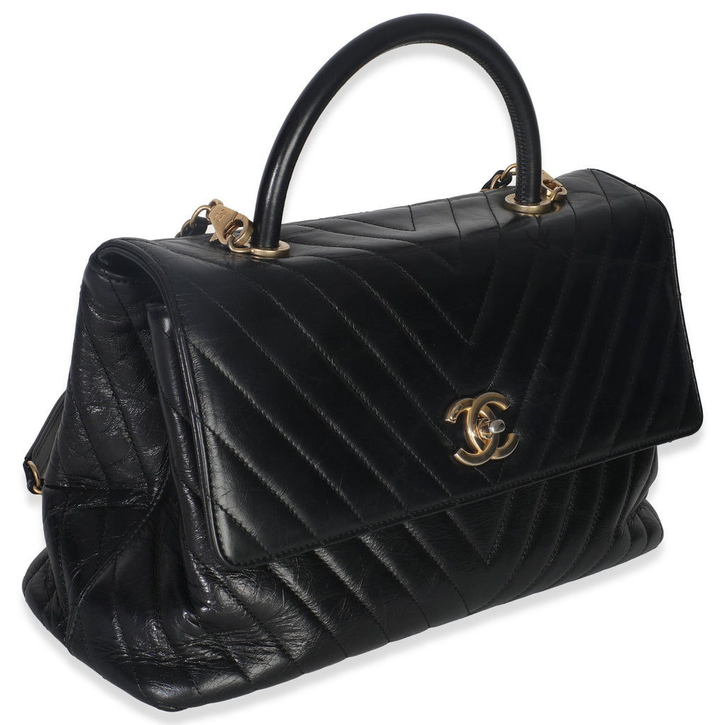 Chanel Black Chevron Aged Calfskin Large Coco Top Handle Bag