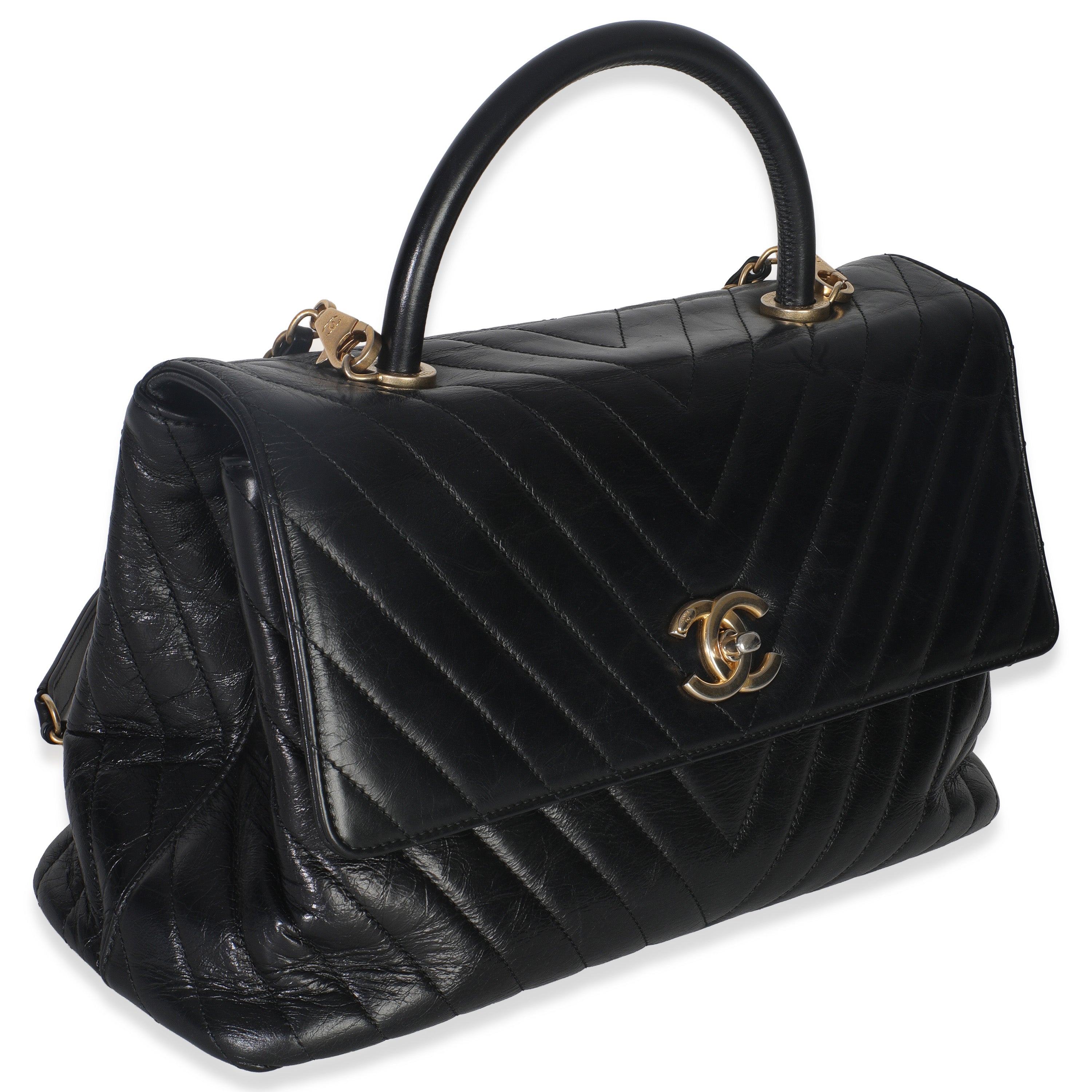 Chanel Black Chevron Aged Calfskin Large Coco Top Handle Bag