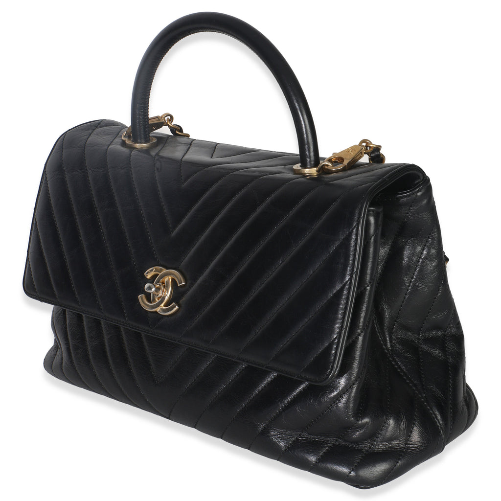 Chanel Black Chevron Aged Calfskin Large Coco Top Handle Bag