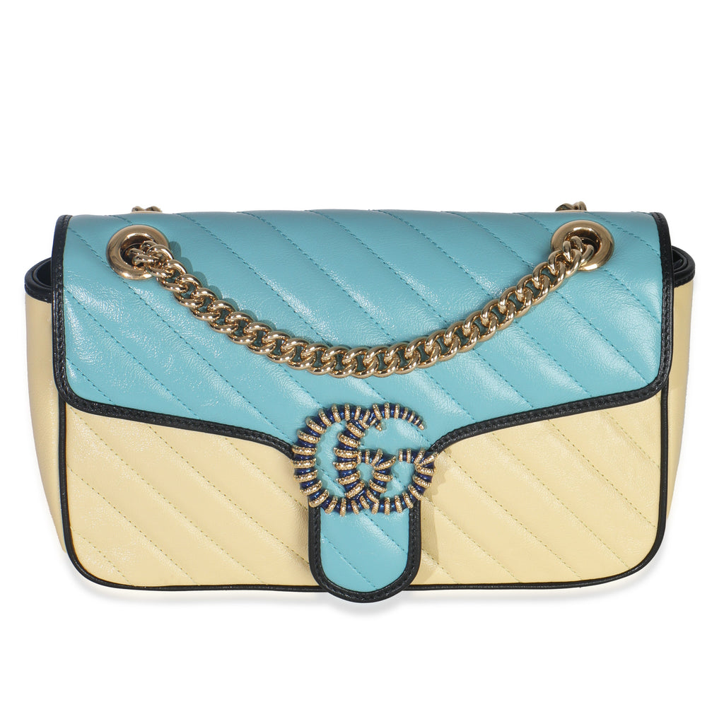 Gucci Blue Yellow Calfskin Matelasse Diagonal Torchon Small GG Marmont Bag
