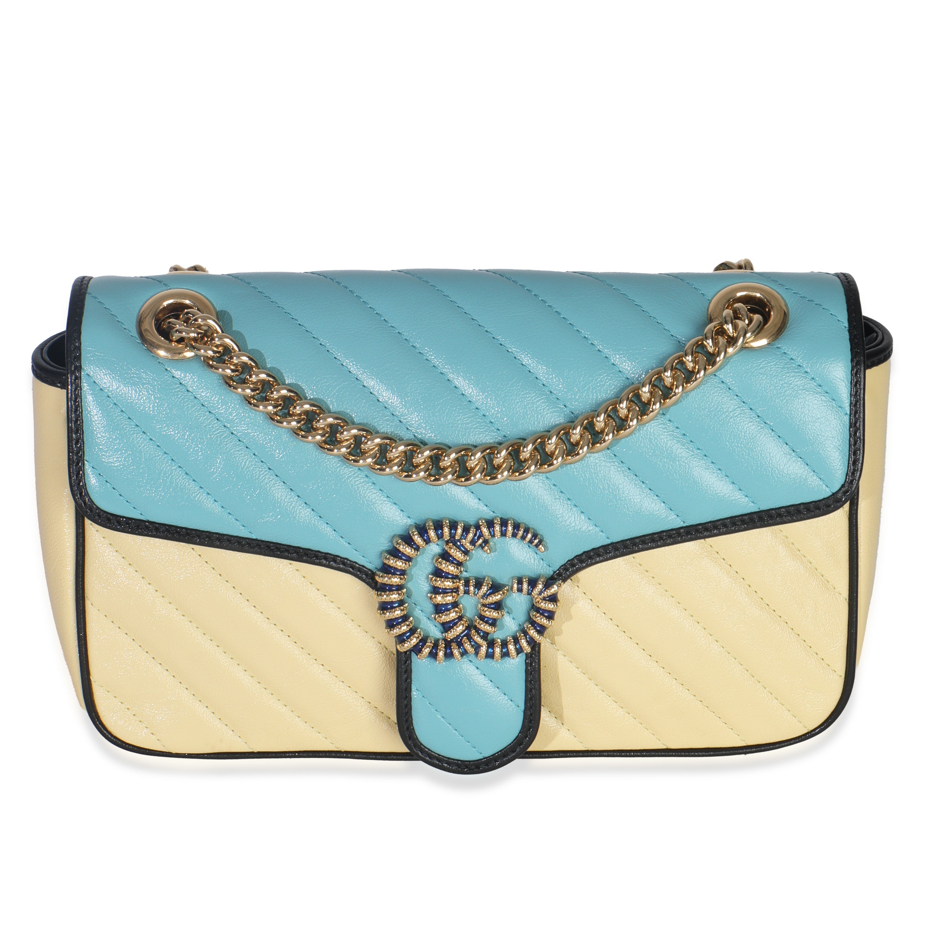 Gucci Blue Yellow Calfskin Matelasse Diagonal Torchon Small GG Marmont Bag