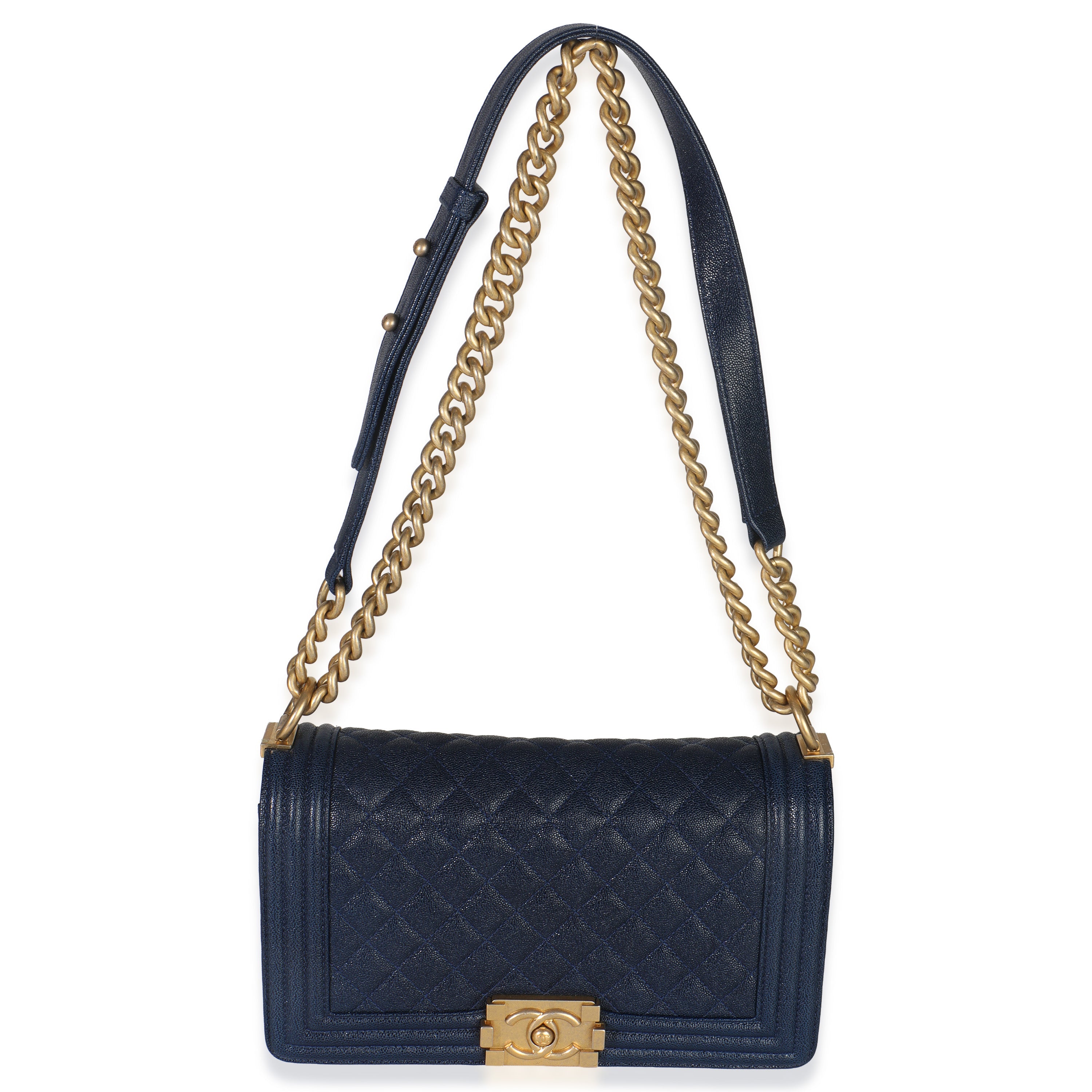Chanel Navy Quilted Caviar Old Medium Boy Handbag