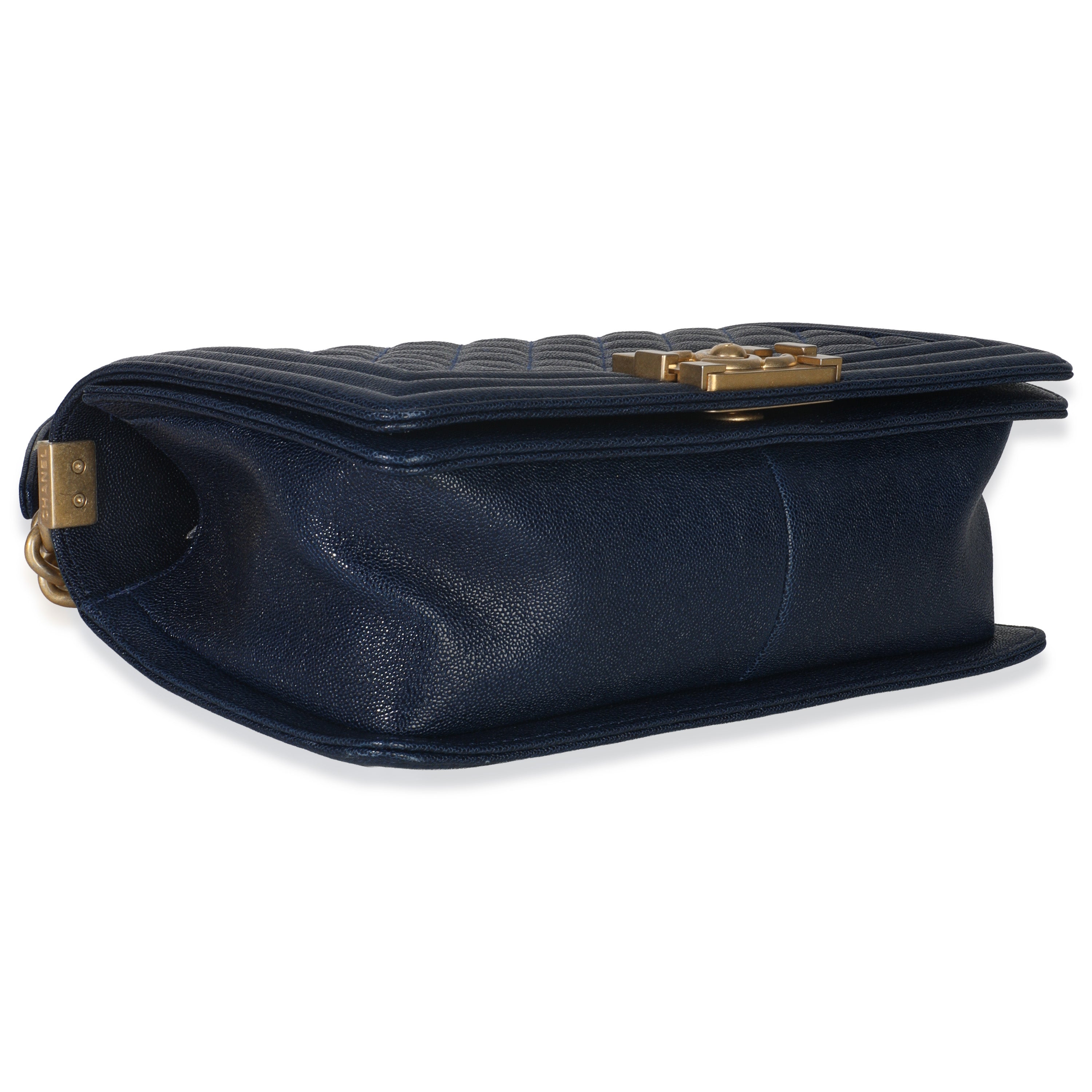 Chanel Navy Quilted Caviar Old Medium Boy Handbag