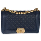 Chanel Navy Quilted Caviar Old Medium Boy Handbag