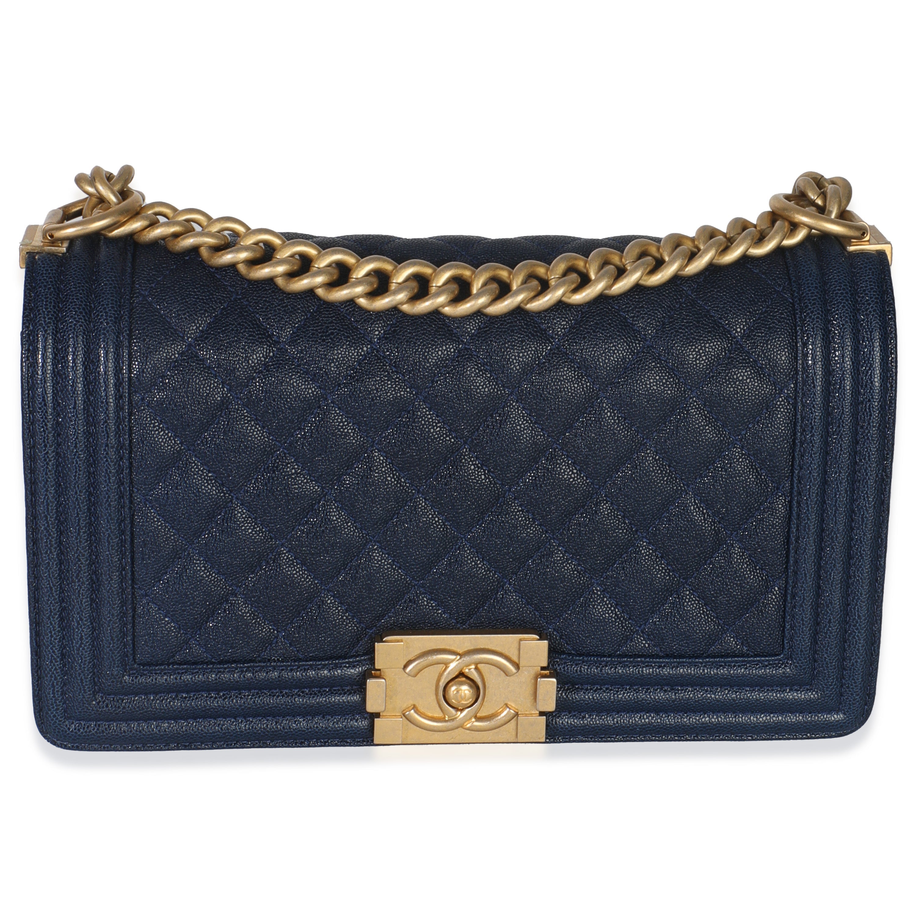 Chanel Navy Quilted Caviar Old Medium Boy Handbag